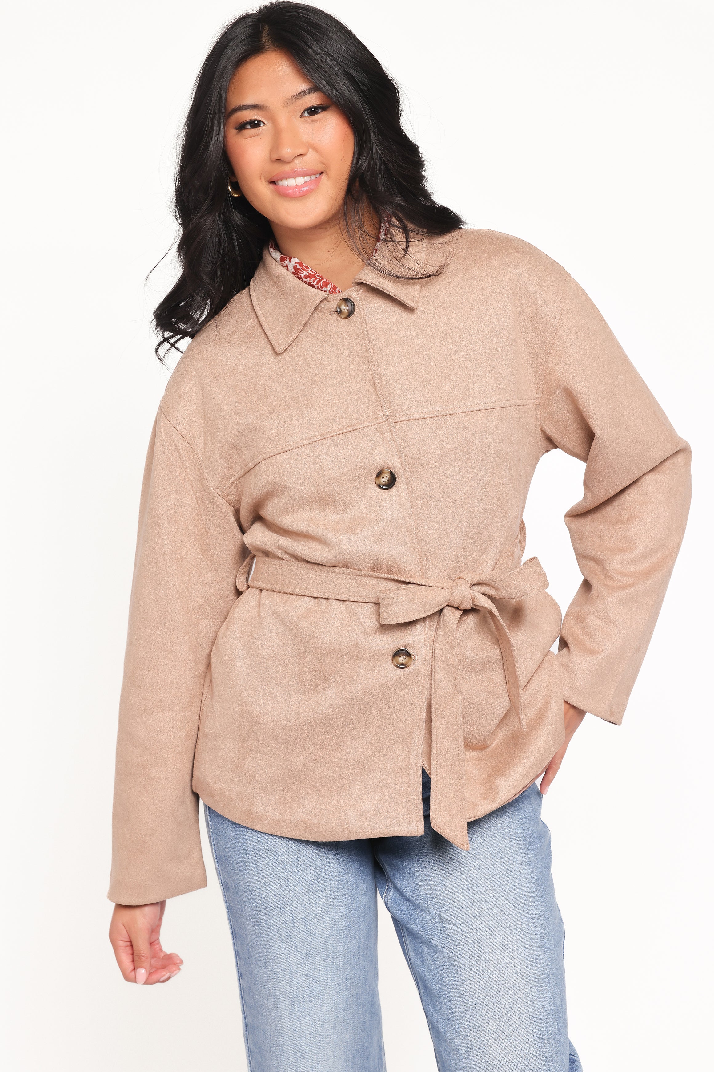 Nelly Faux Suede Cropped Trench Coat - Mushroom
