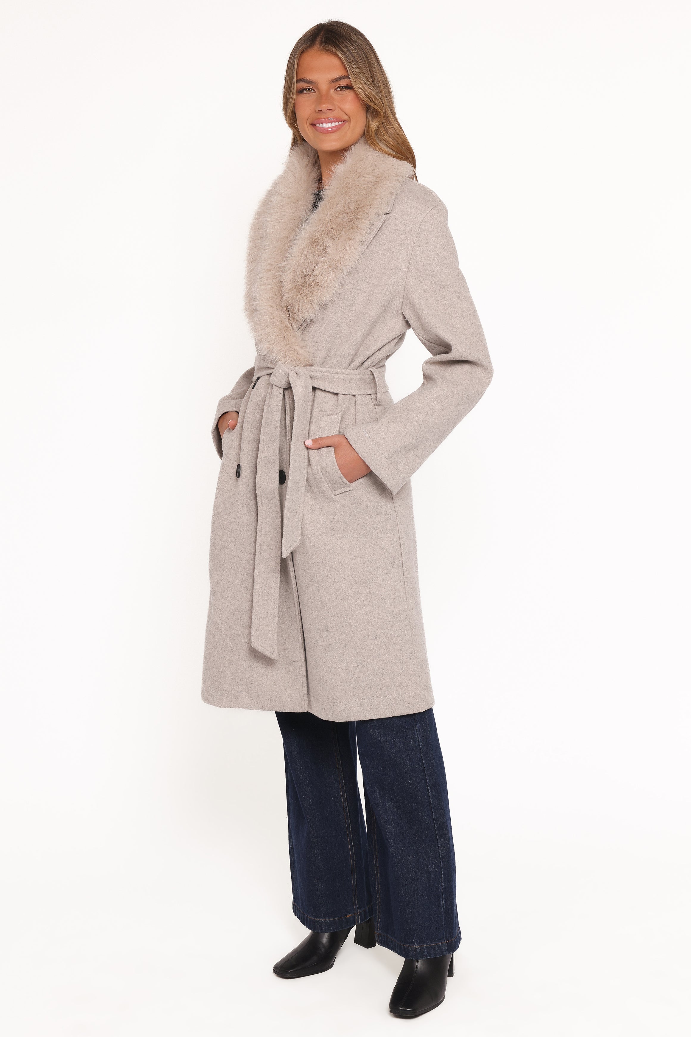 Nina Fur Collar Tie Waist Coat - Cream