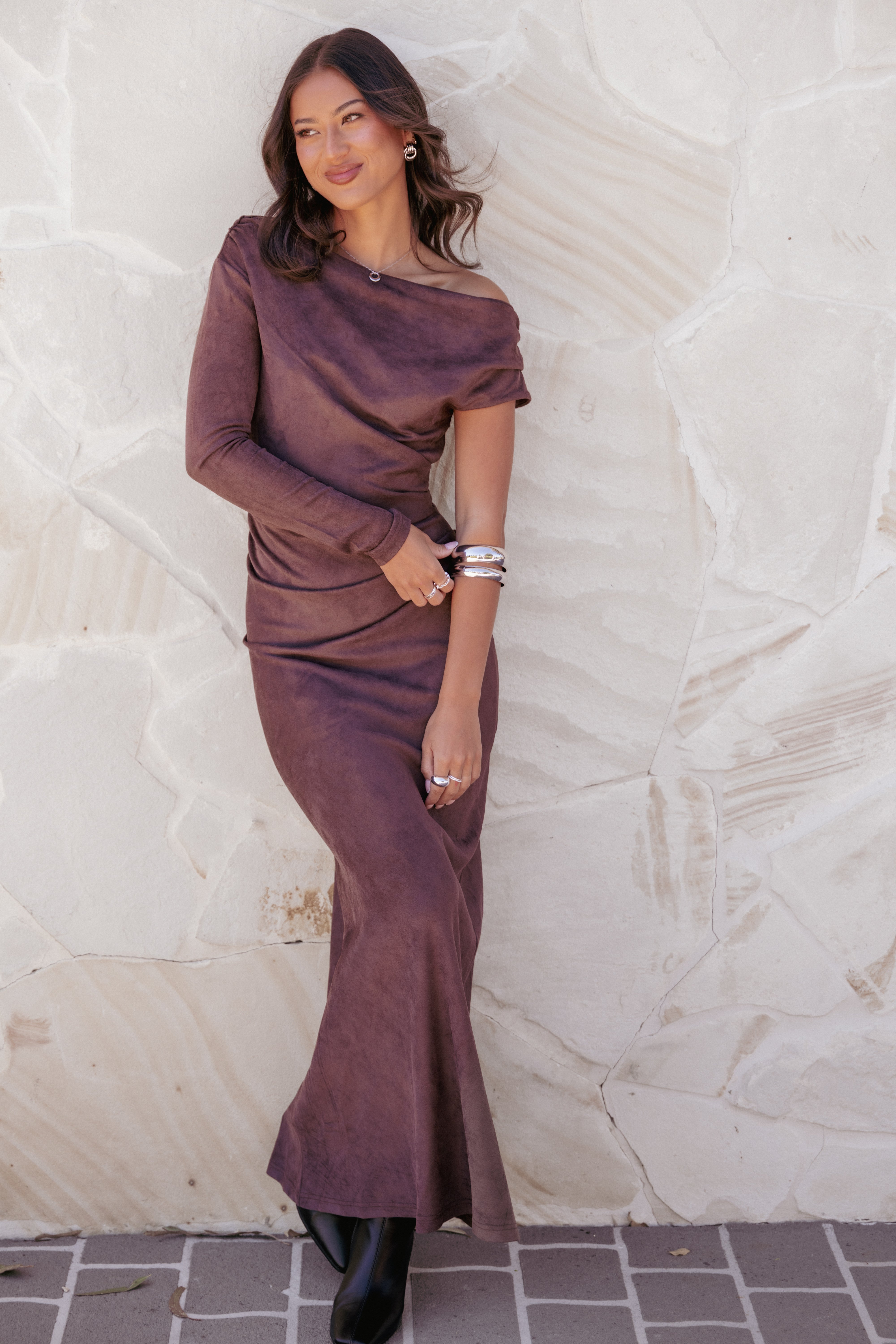 Olympia Off Shoulder Maxi Dress - Chocolate
