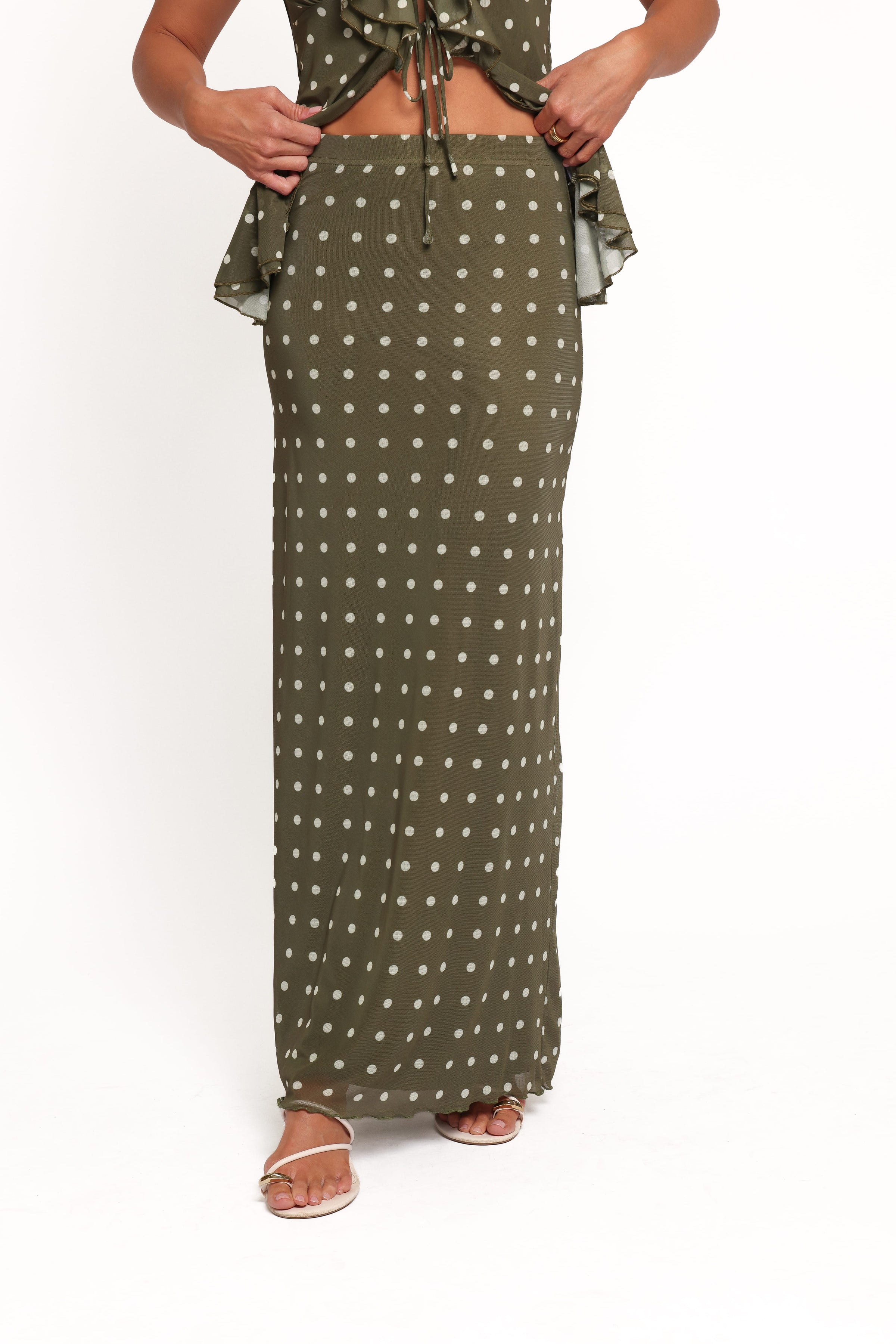 Bloise Maxi Skirt - Olive Green Polka Dot