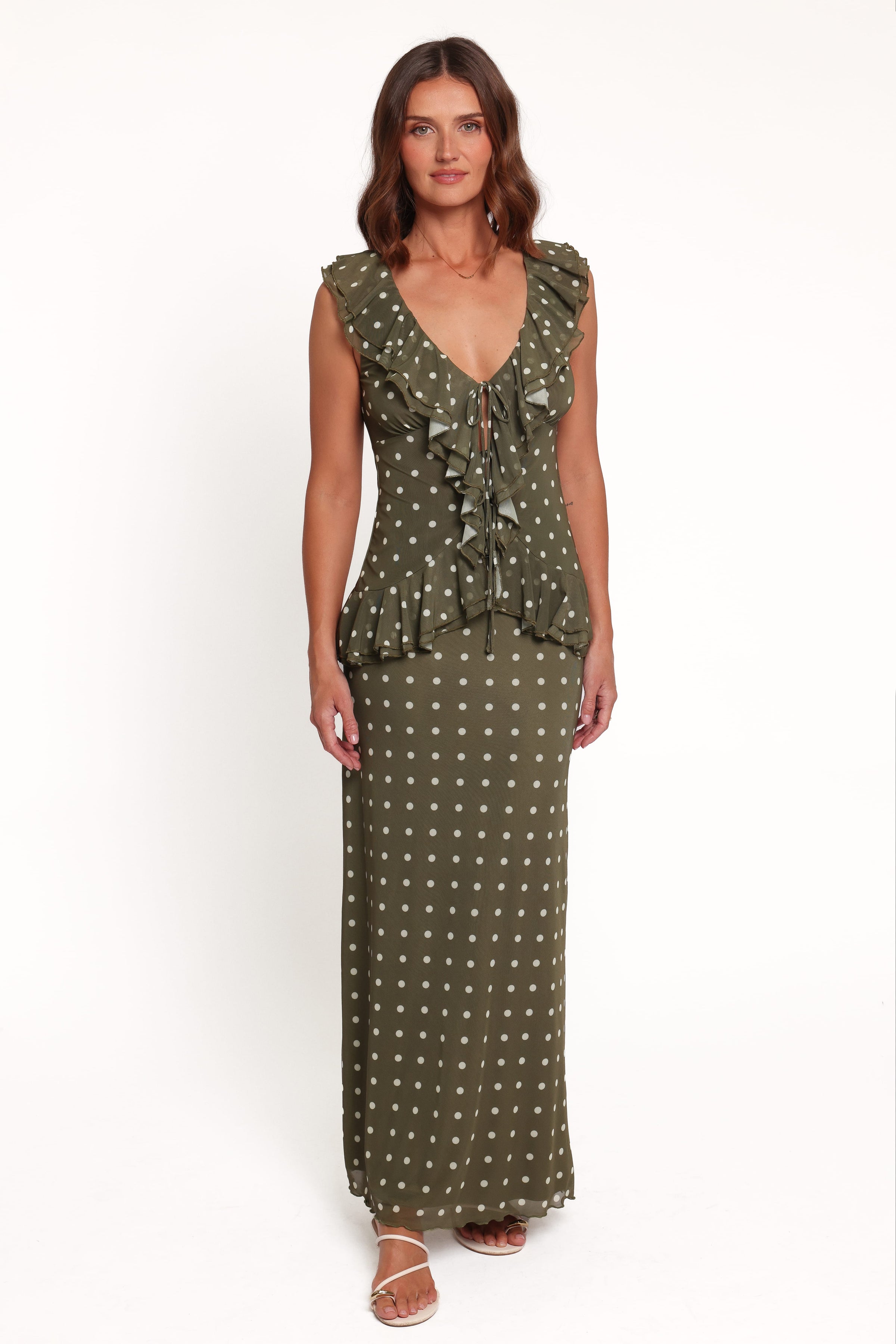 Orelia Ruffle Front Top - Olive Green Polka Dot