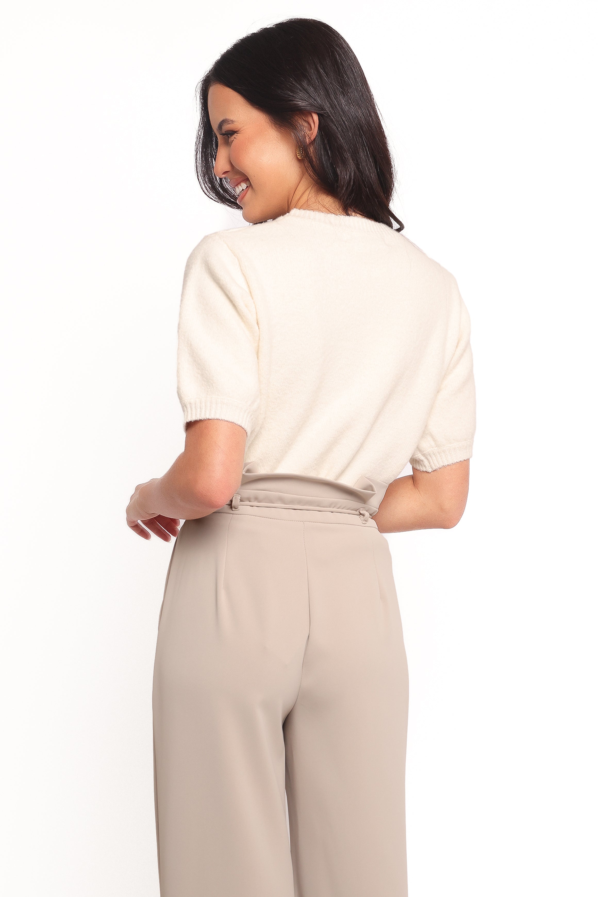 Orlana Embellished Neck Short Sleeve Sweater - Cream