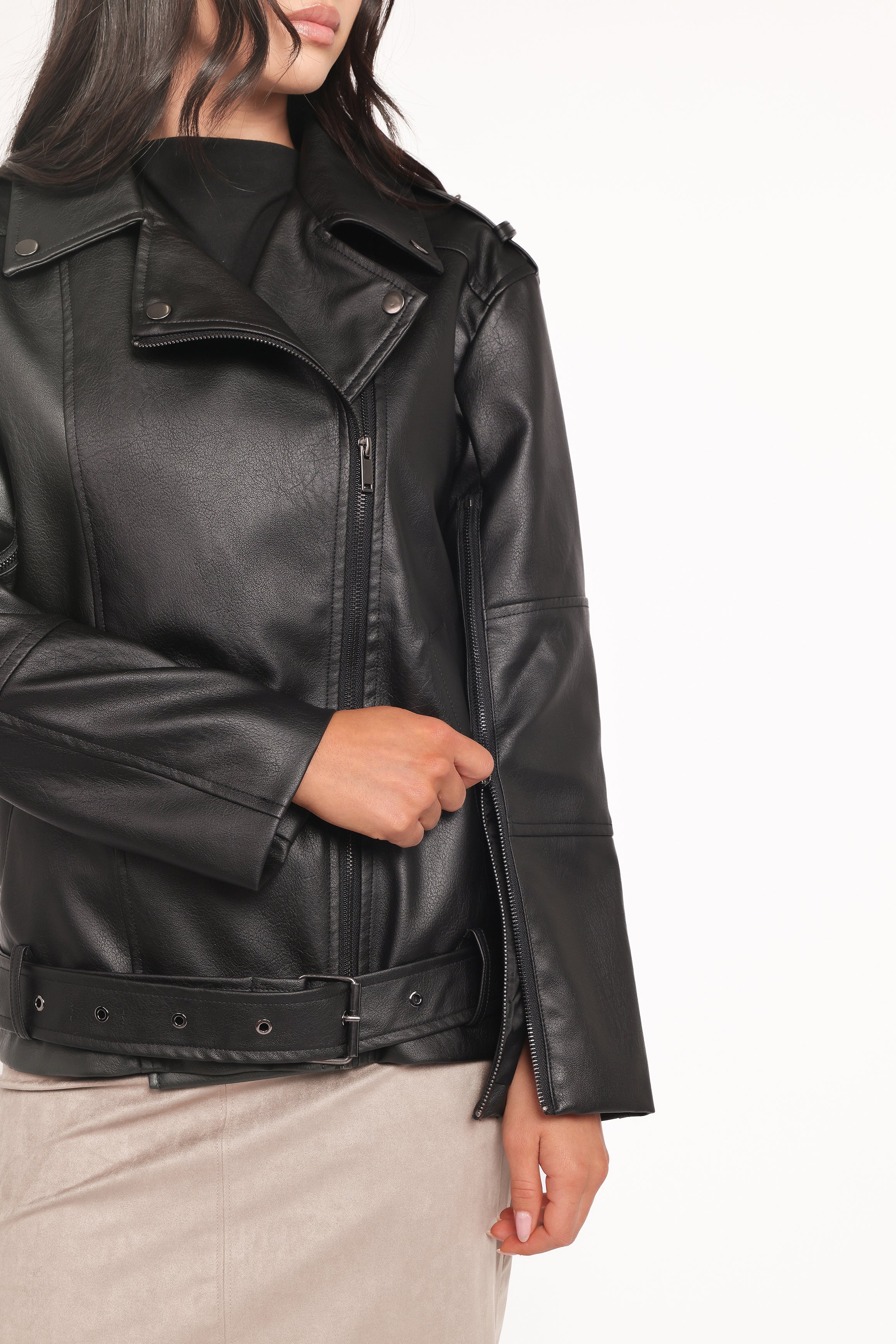 Parsons Oversized Faux Leather Moto Jacket - Black