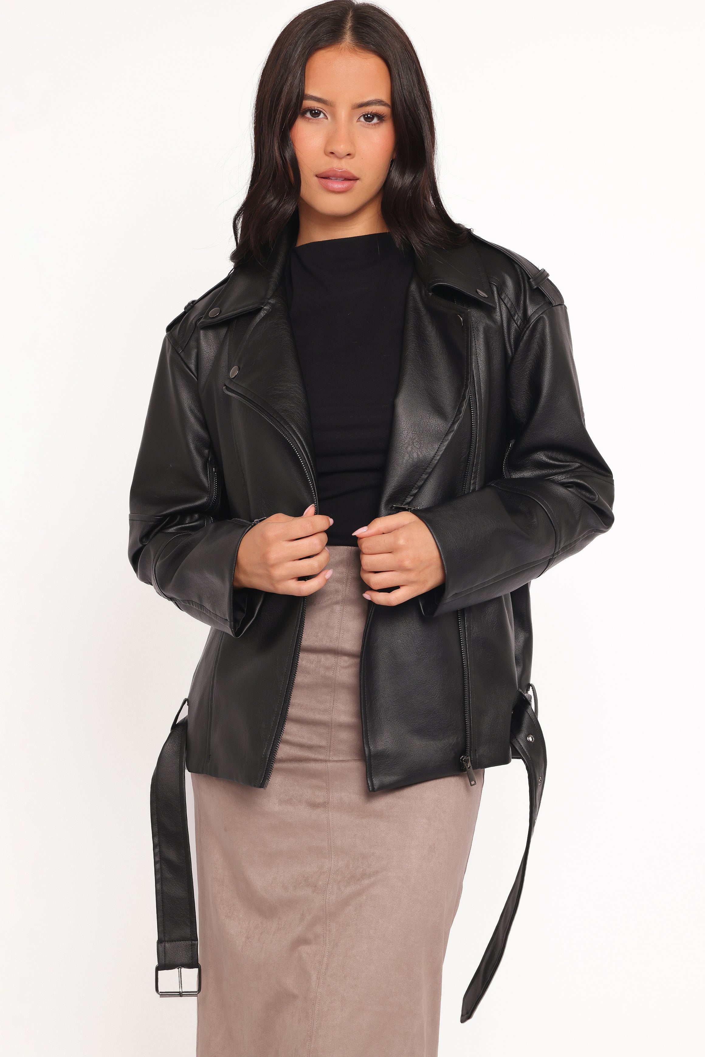 Parsons Oversized Faux Leather Moto Jacket - Black