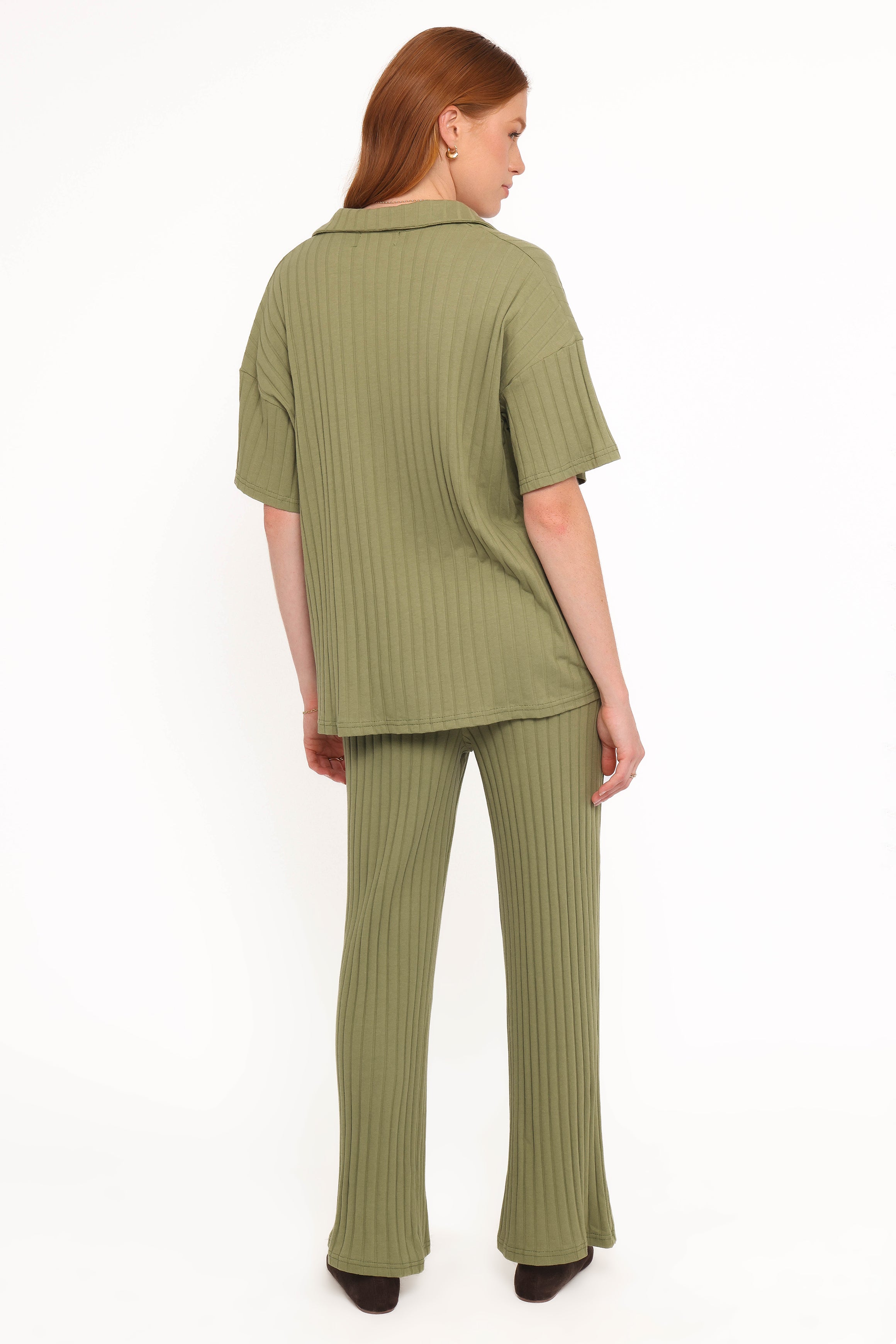 Phillipa Wide Ribbed Shirt Set - Olive