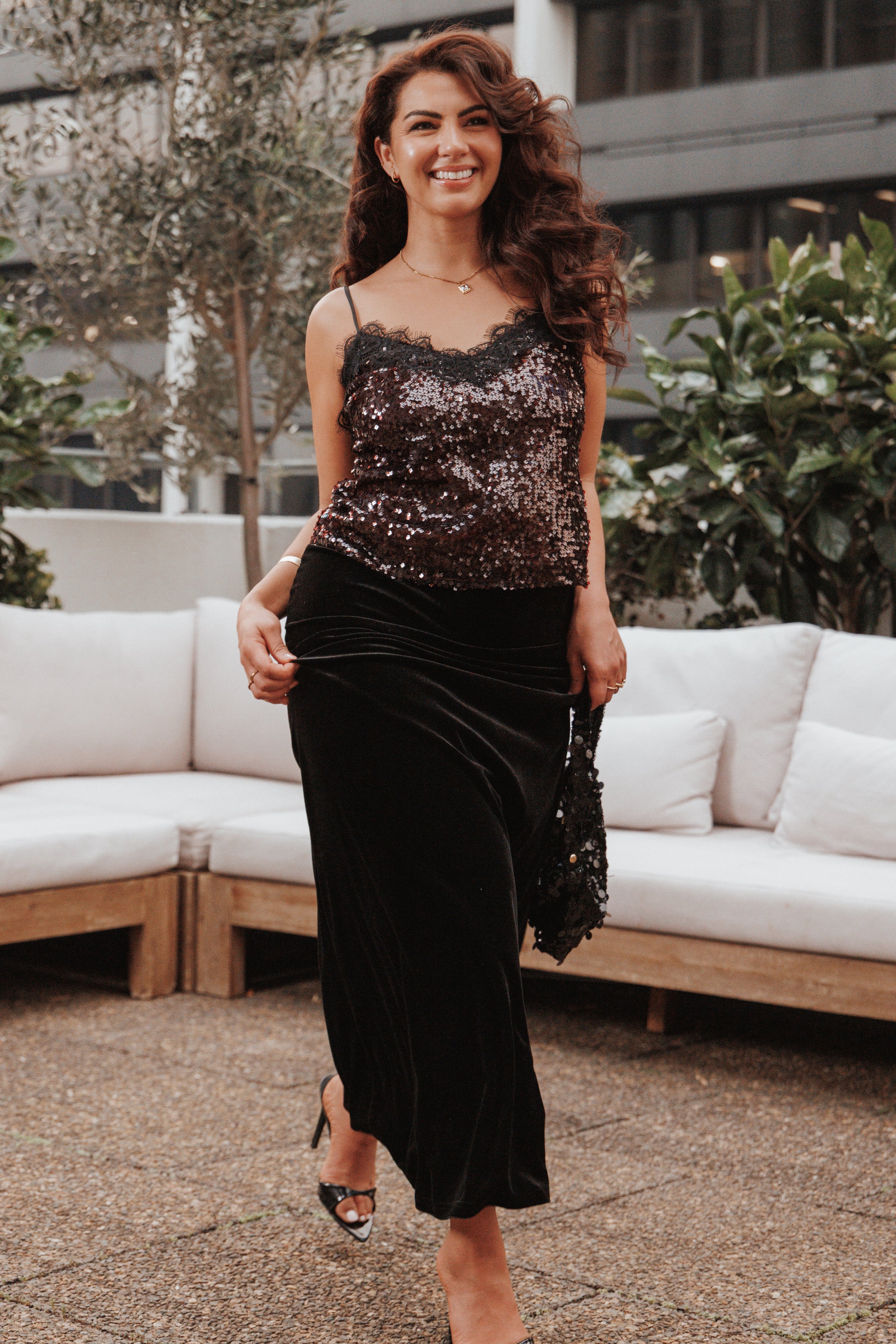 Pixie Lace And Sequins Cami - Burgundy