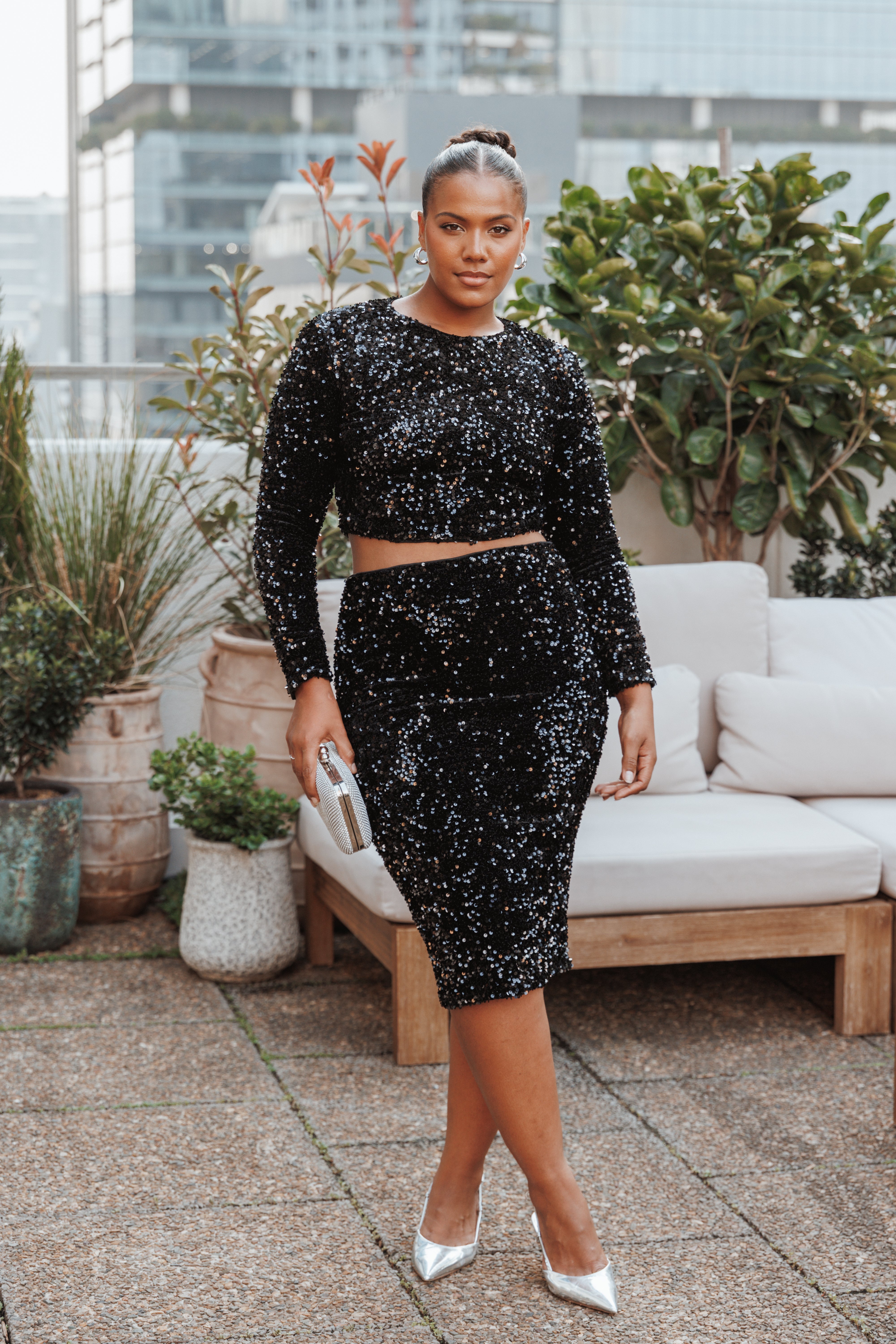 Quinne Cropped Sequin Top - Black