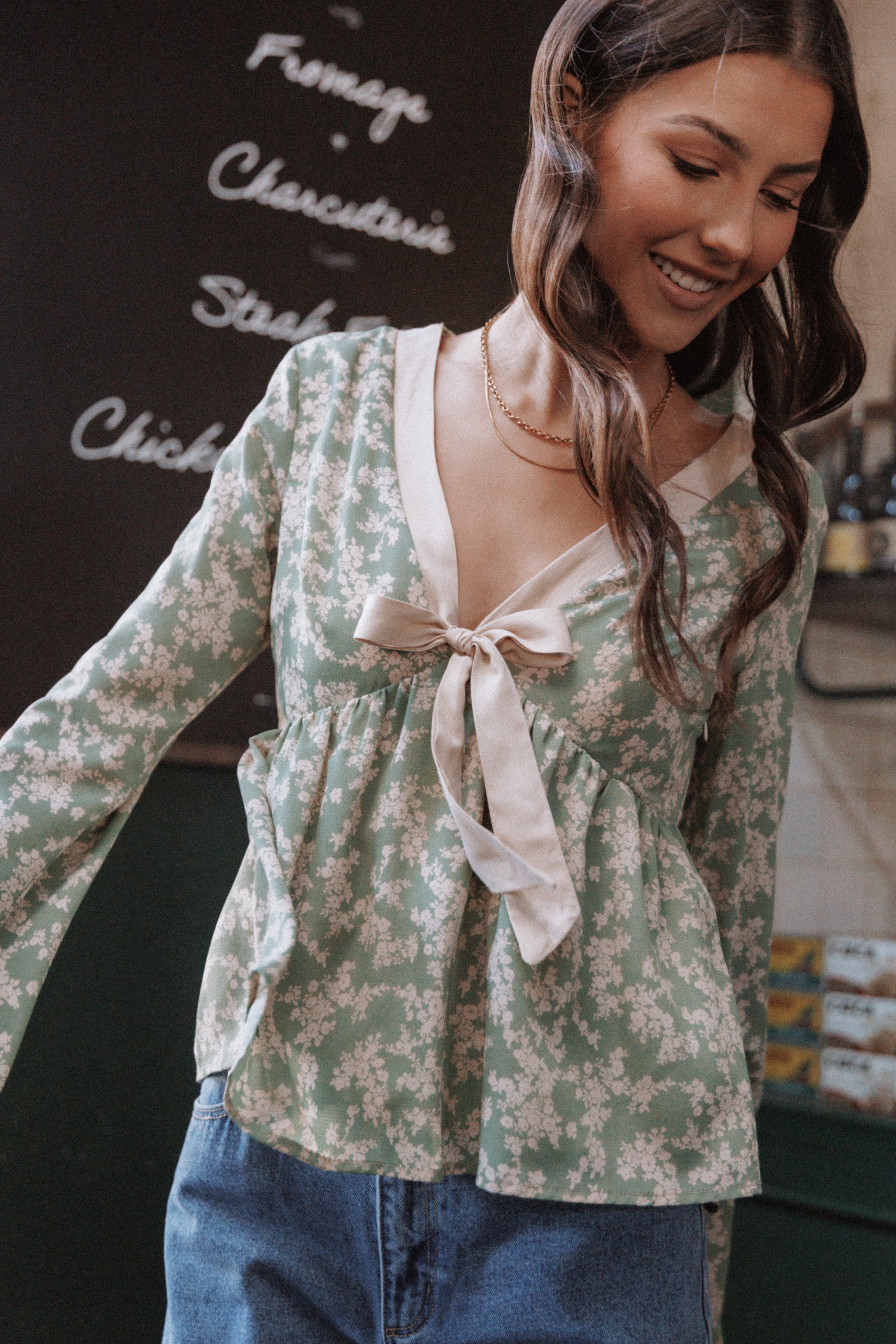 Reeva Long Sleeve Top - Green Floral