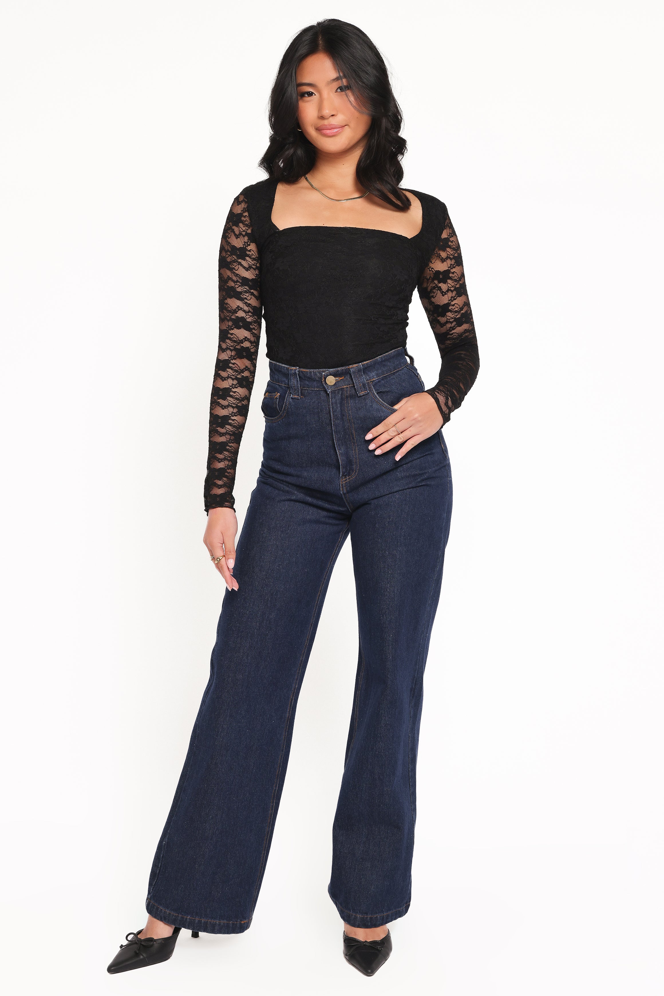 Skyler Square Neck Stretch Lace Top - Black