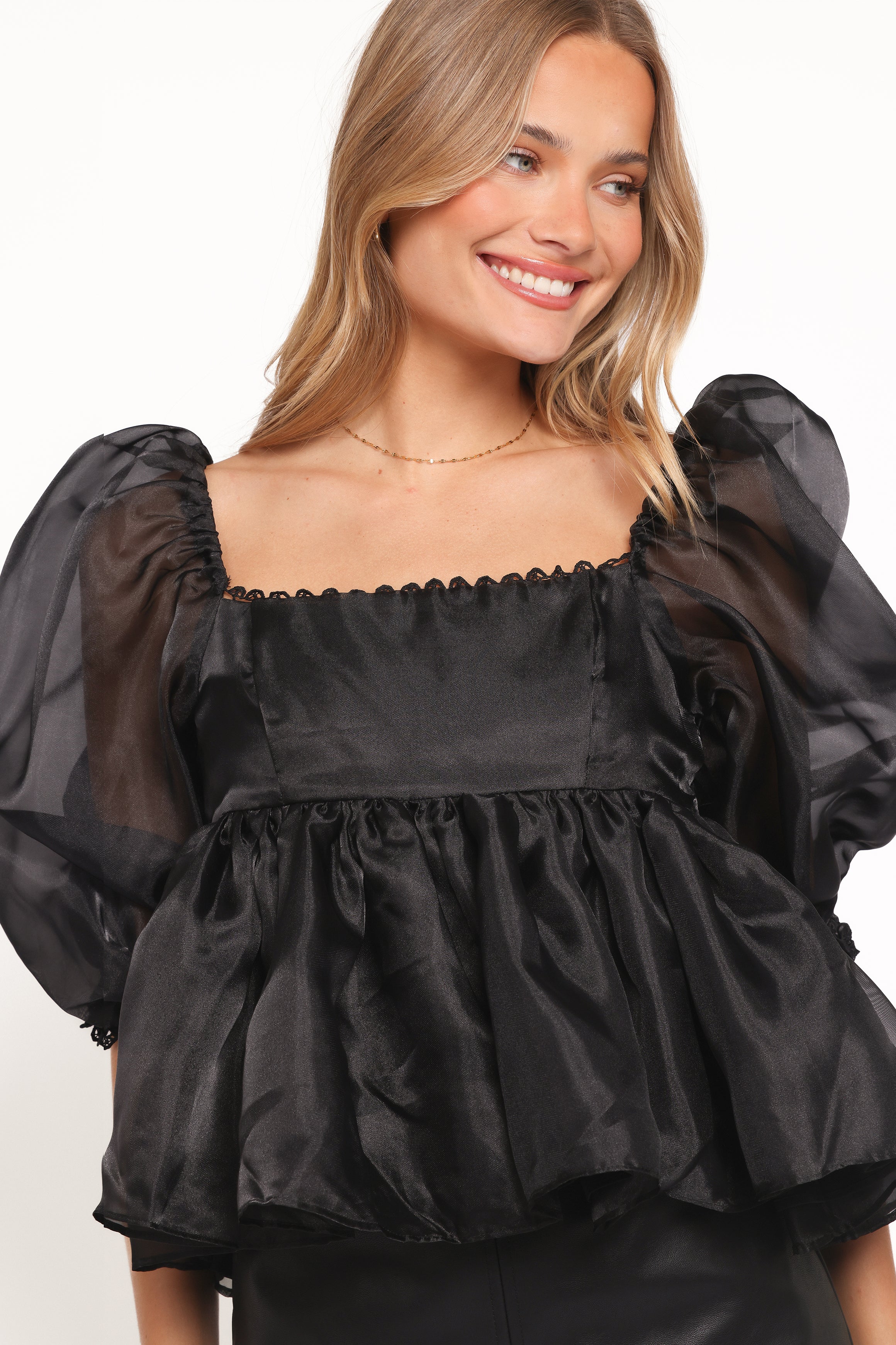 Solenne Puff Sleeve Peplum Organza Top - Black
