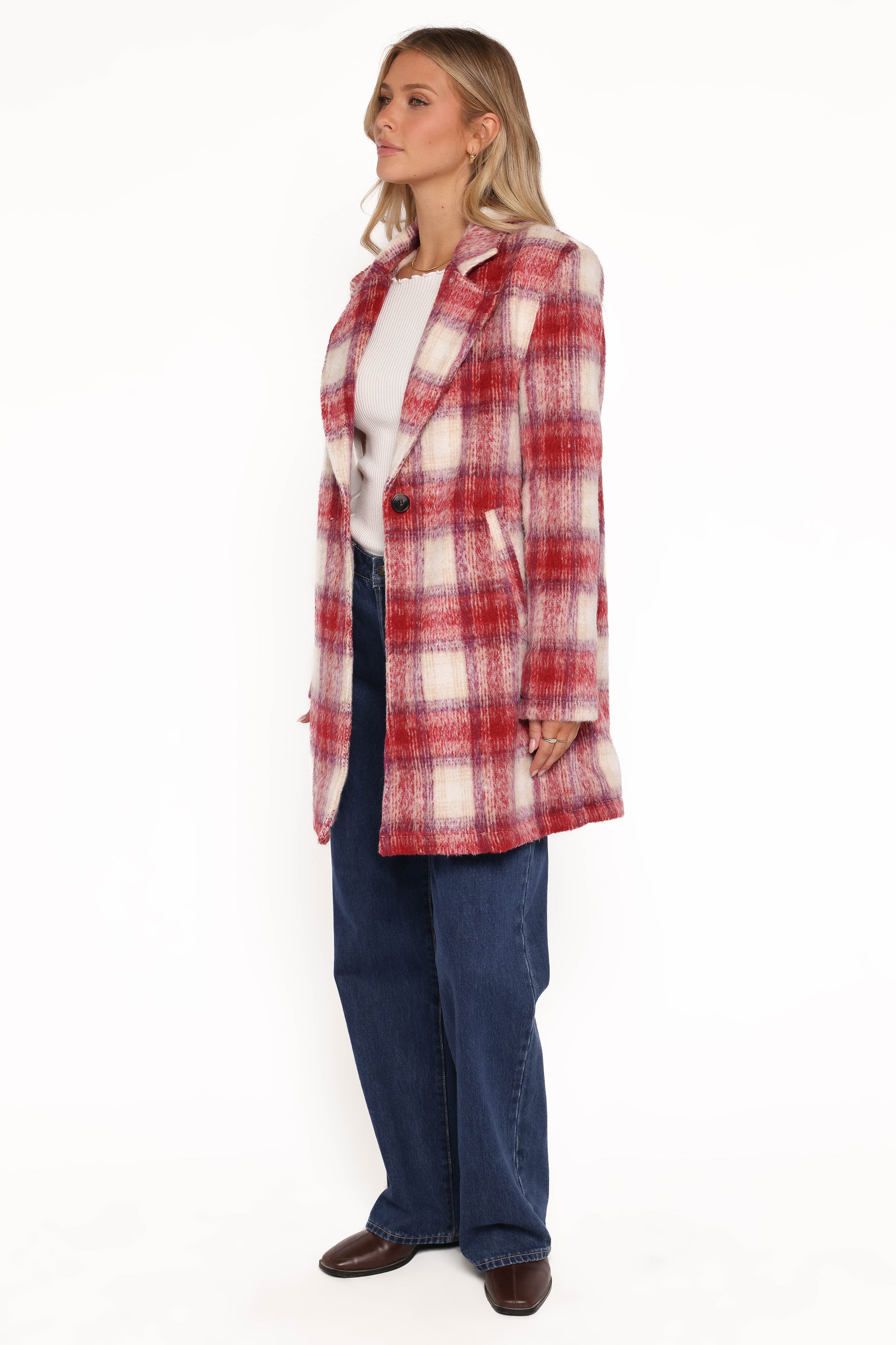 Travistine Long Plaid Coat - Pink