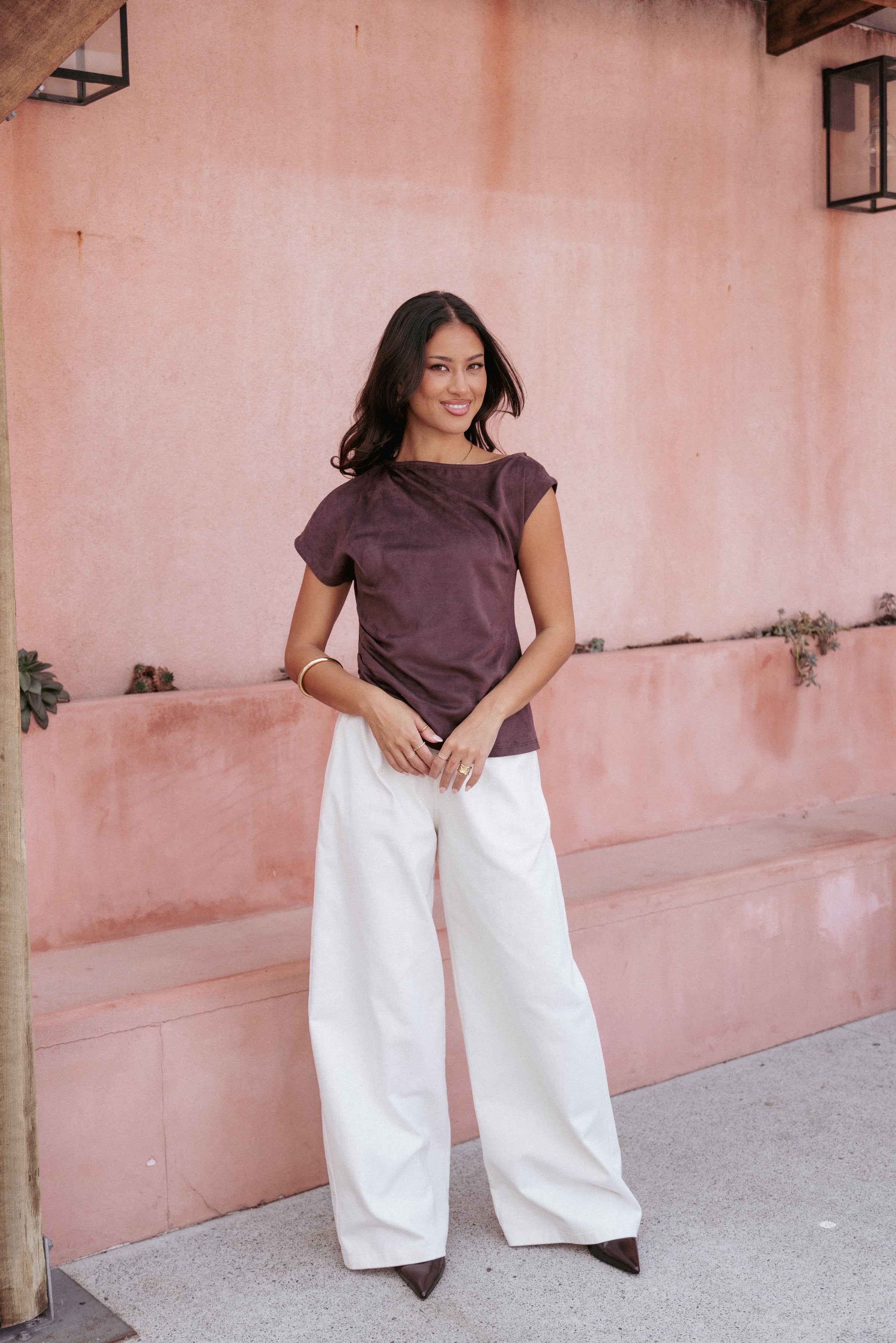 Vaila Faux Suede Off Shoulder Top - Chocolate