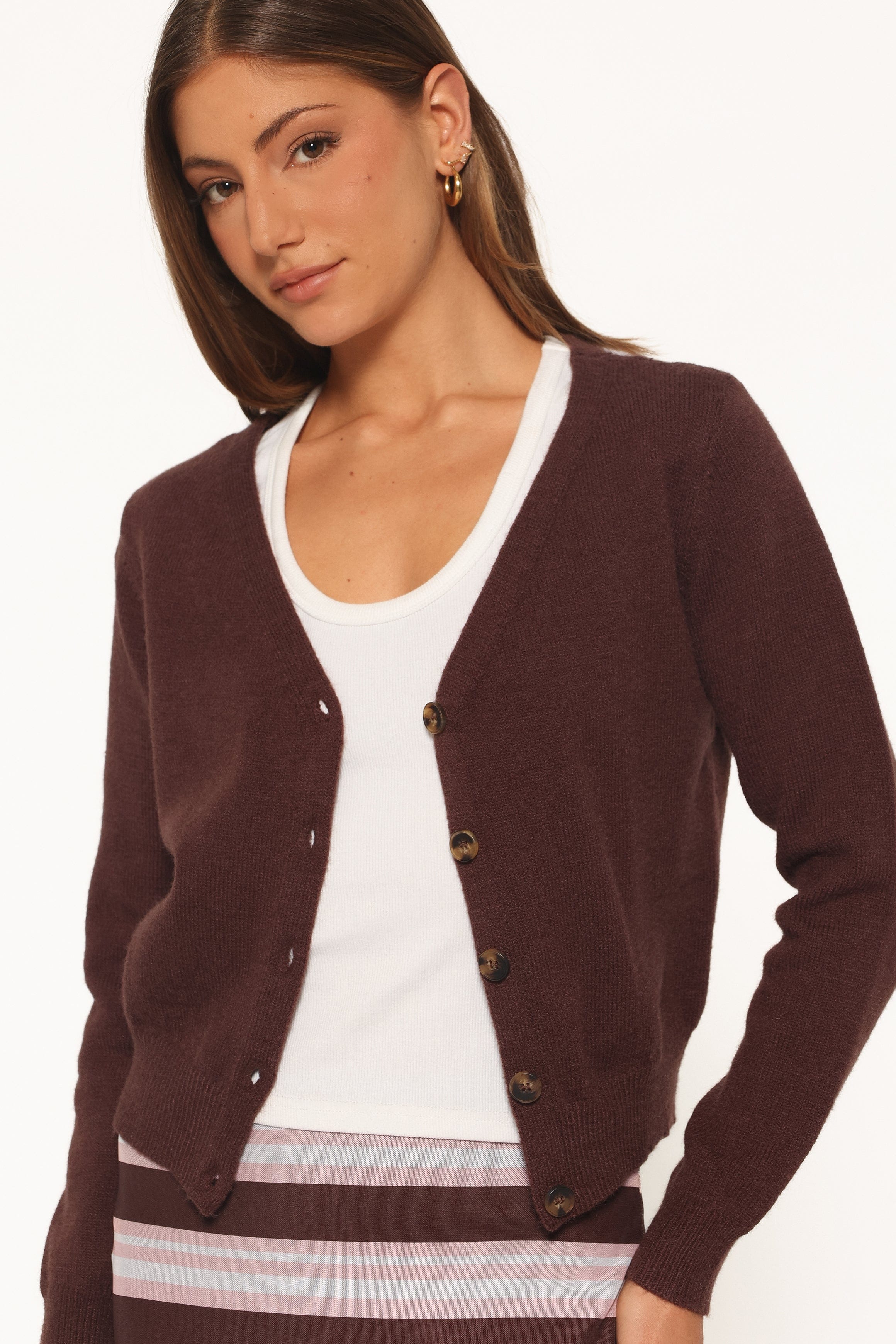 Veniza V Neck Cardigan - Brown