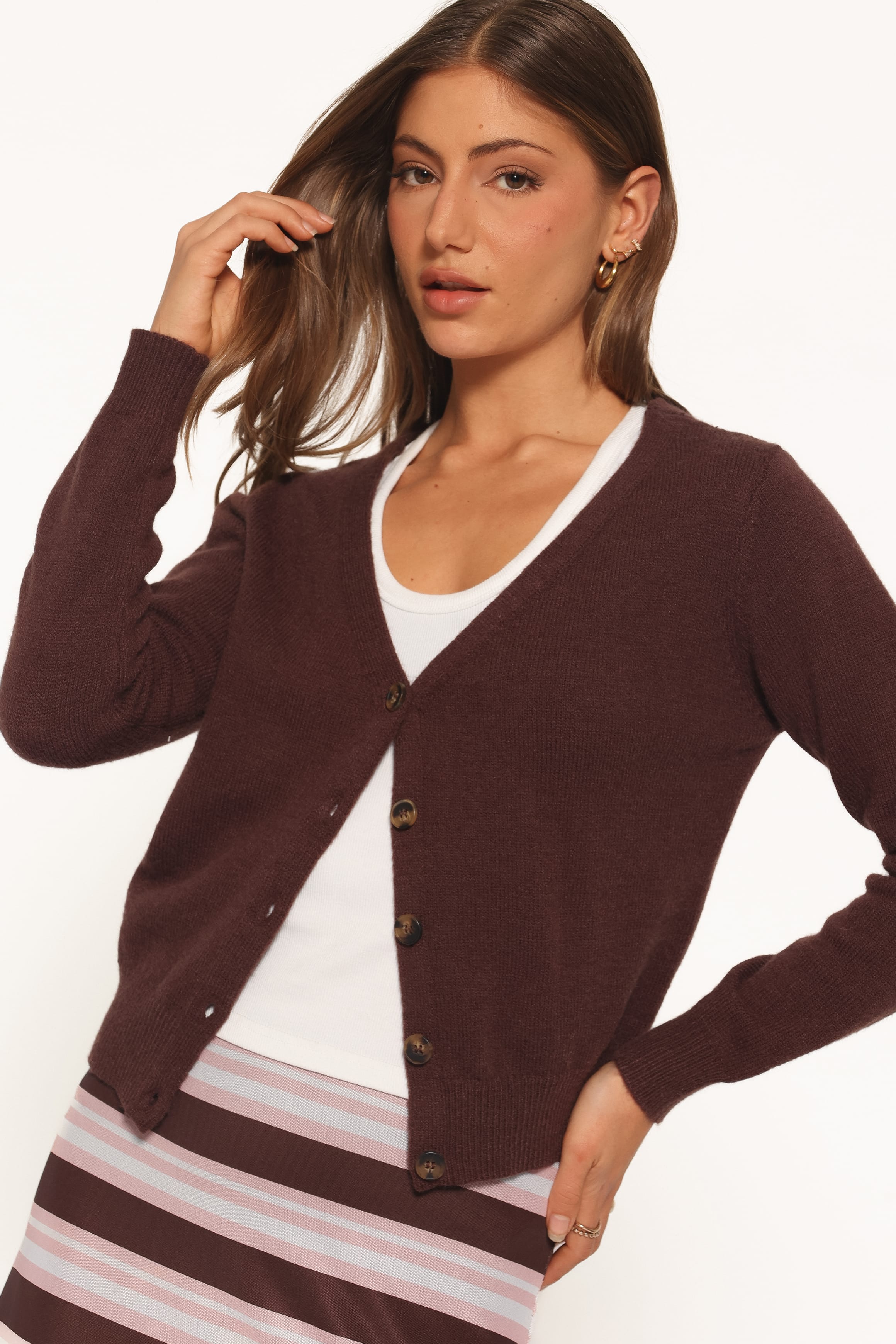 Veniza V Neck Cardigan - Brown