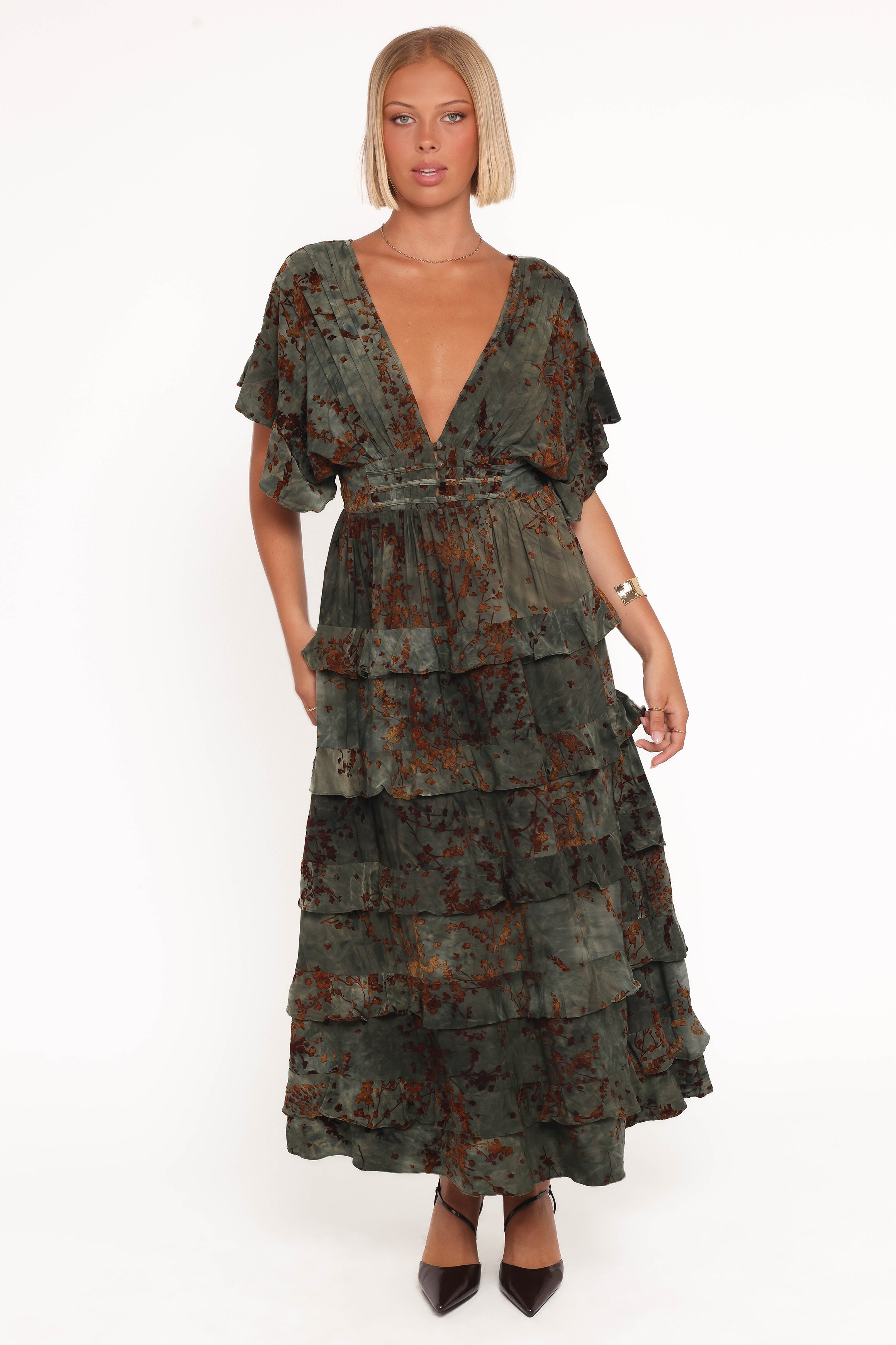 Wendi Ruffle Dress - Jade/Brown