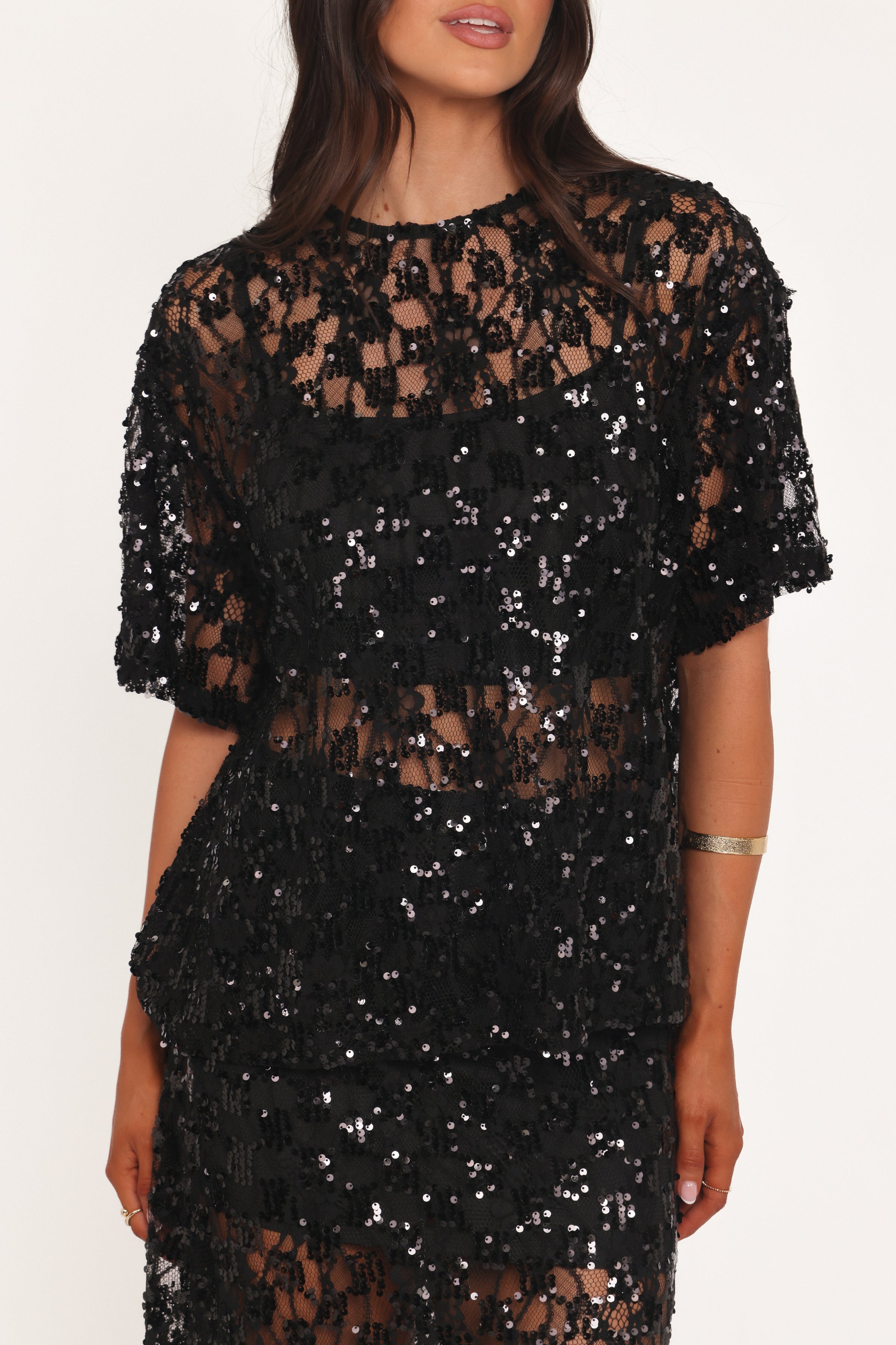 Yonder Sheer Lace Tee Top - Black