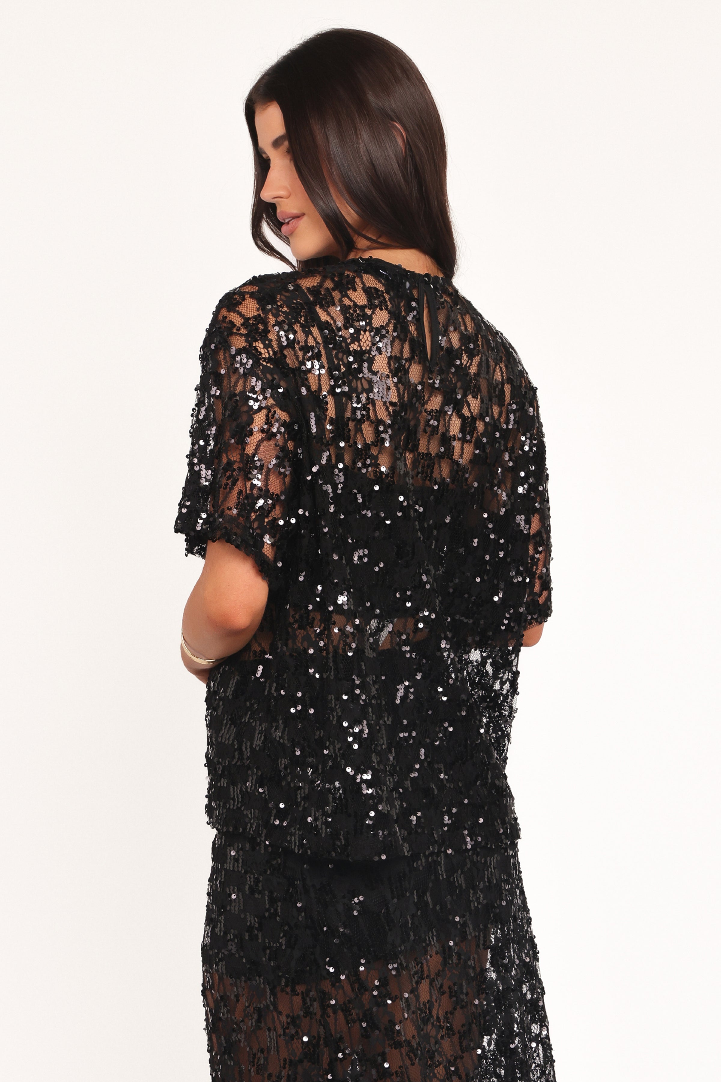 Yonder Sheer Lace Tee Top - Black