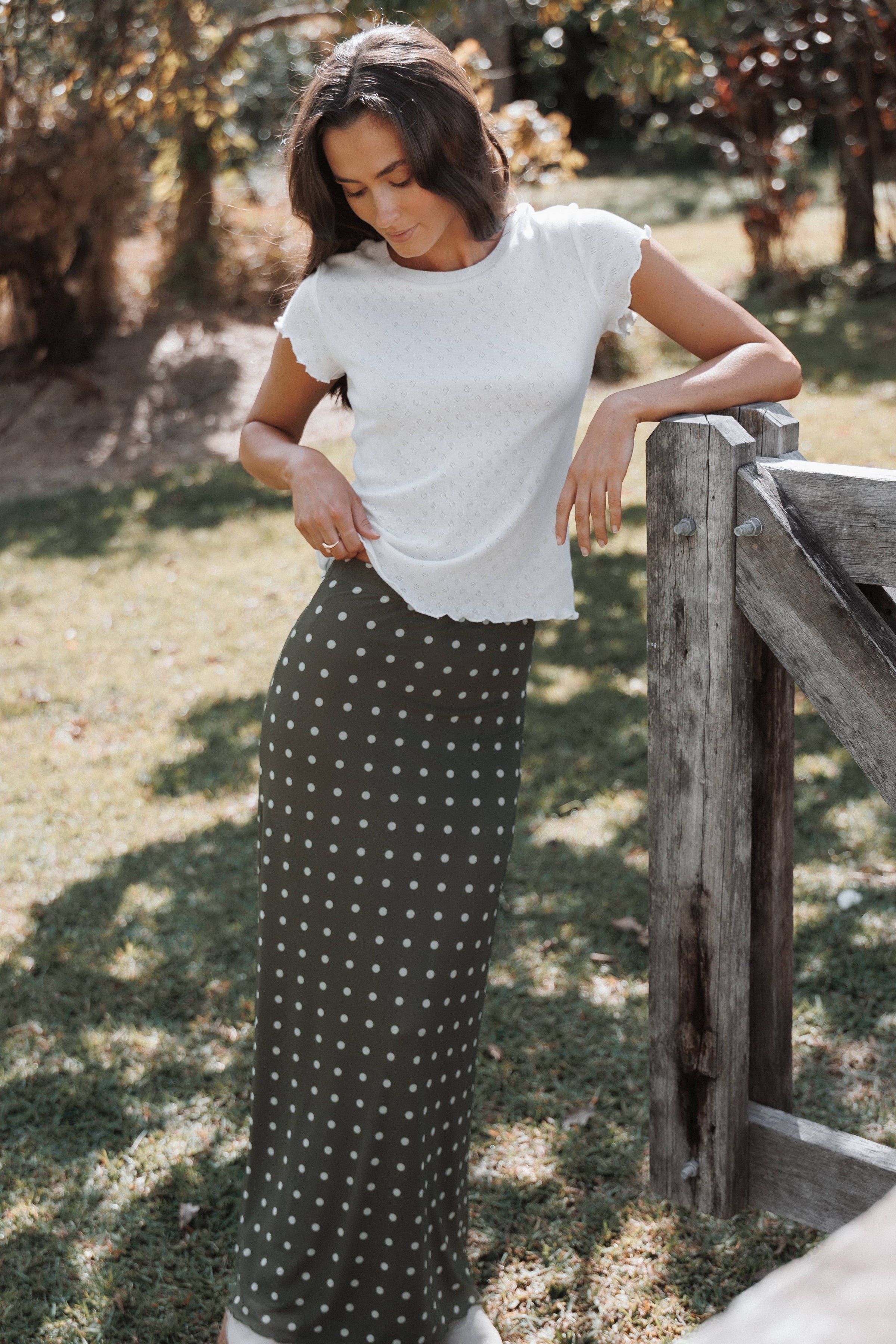 BOTTOMS Bloise Maxi Skirt - Olive Green Polka Dot