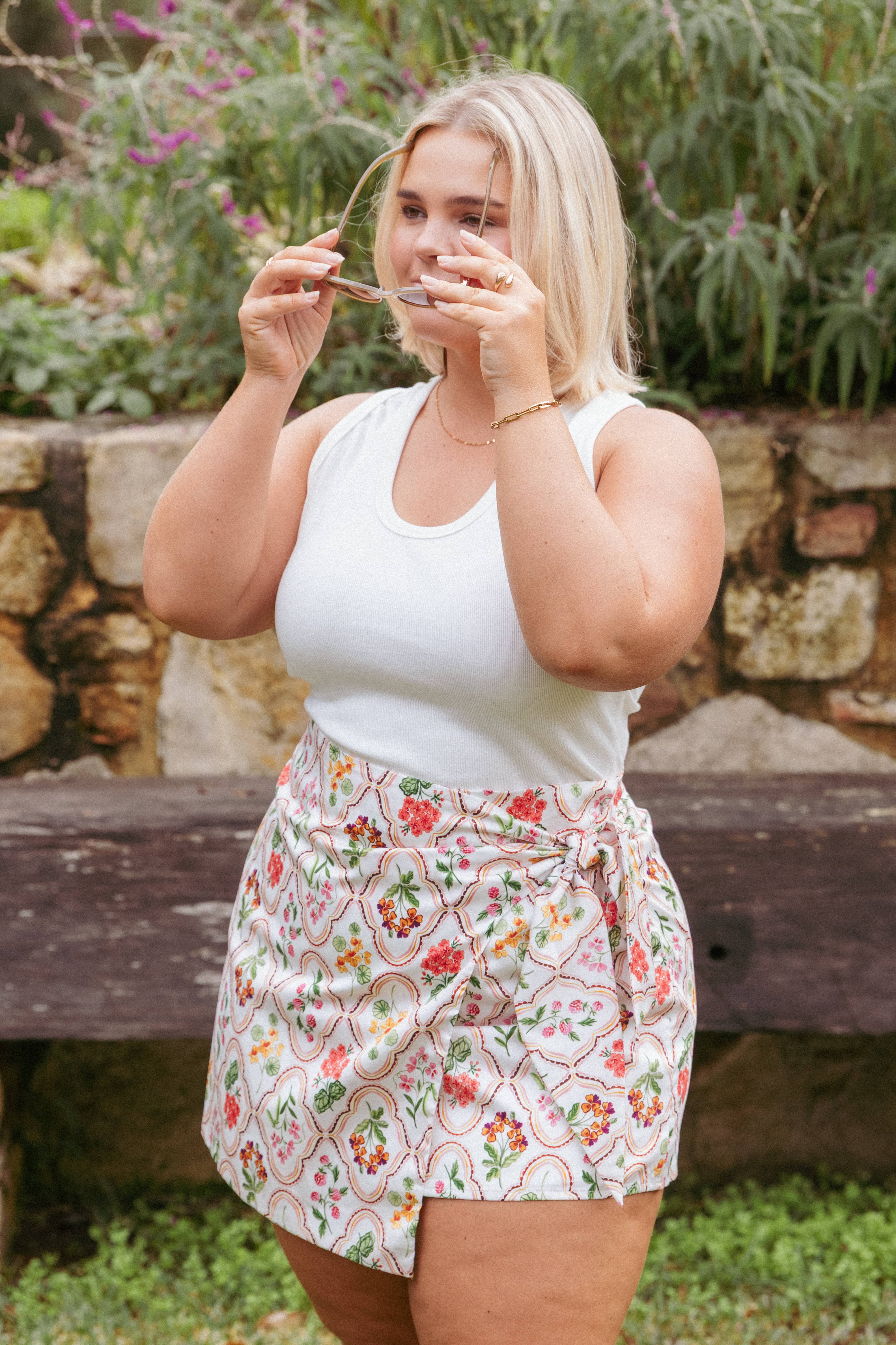 BOTTOMS Calypso Wrap Mini Skirt - Ivory Wildflower
