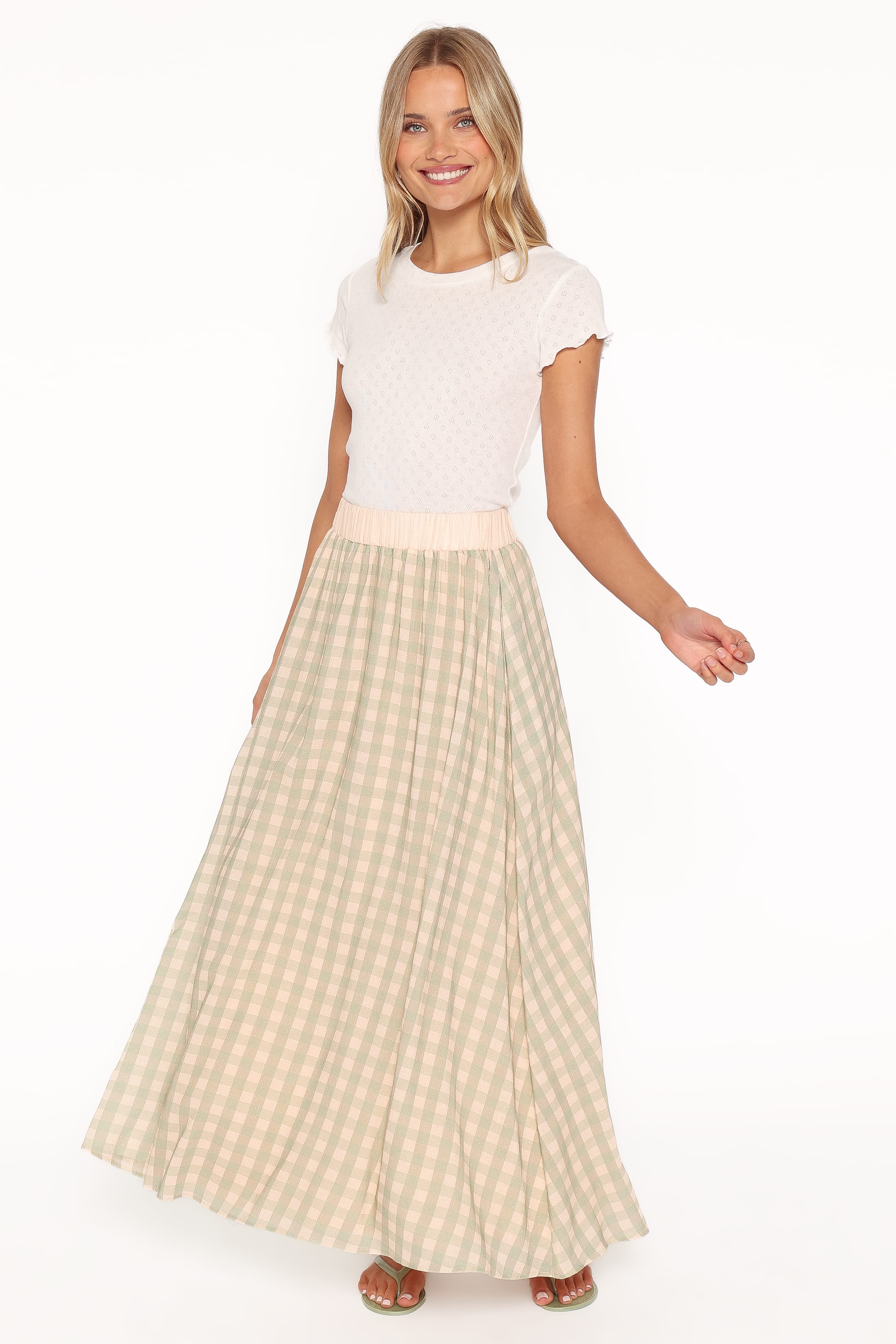BOTTOMS Daroda Midi Circle Skirt - Green/Pink Gingham