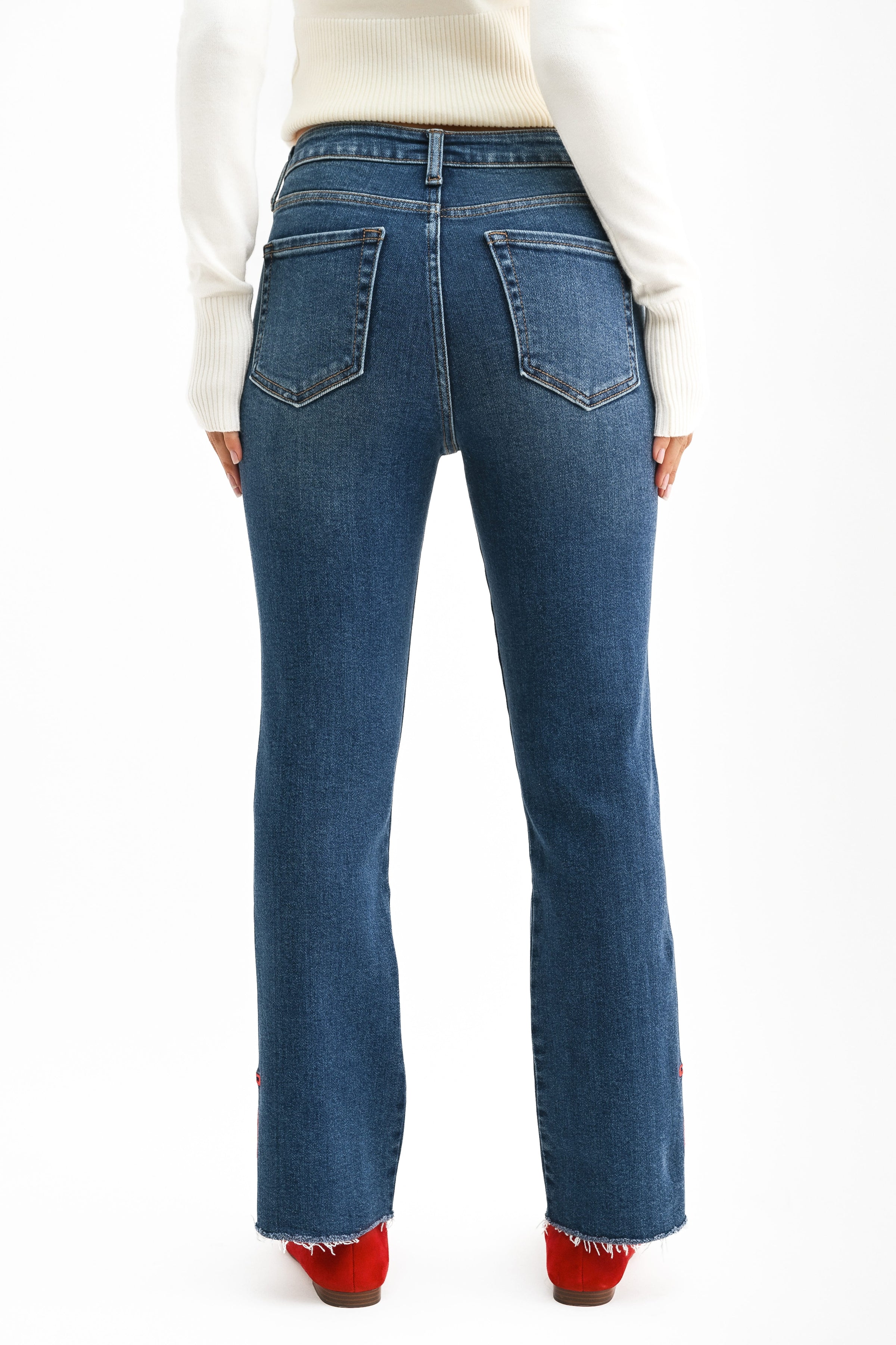 BOTTOMS Just Black Bow Split Hem Straight Leg Jeans - Dark Wash