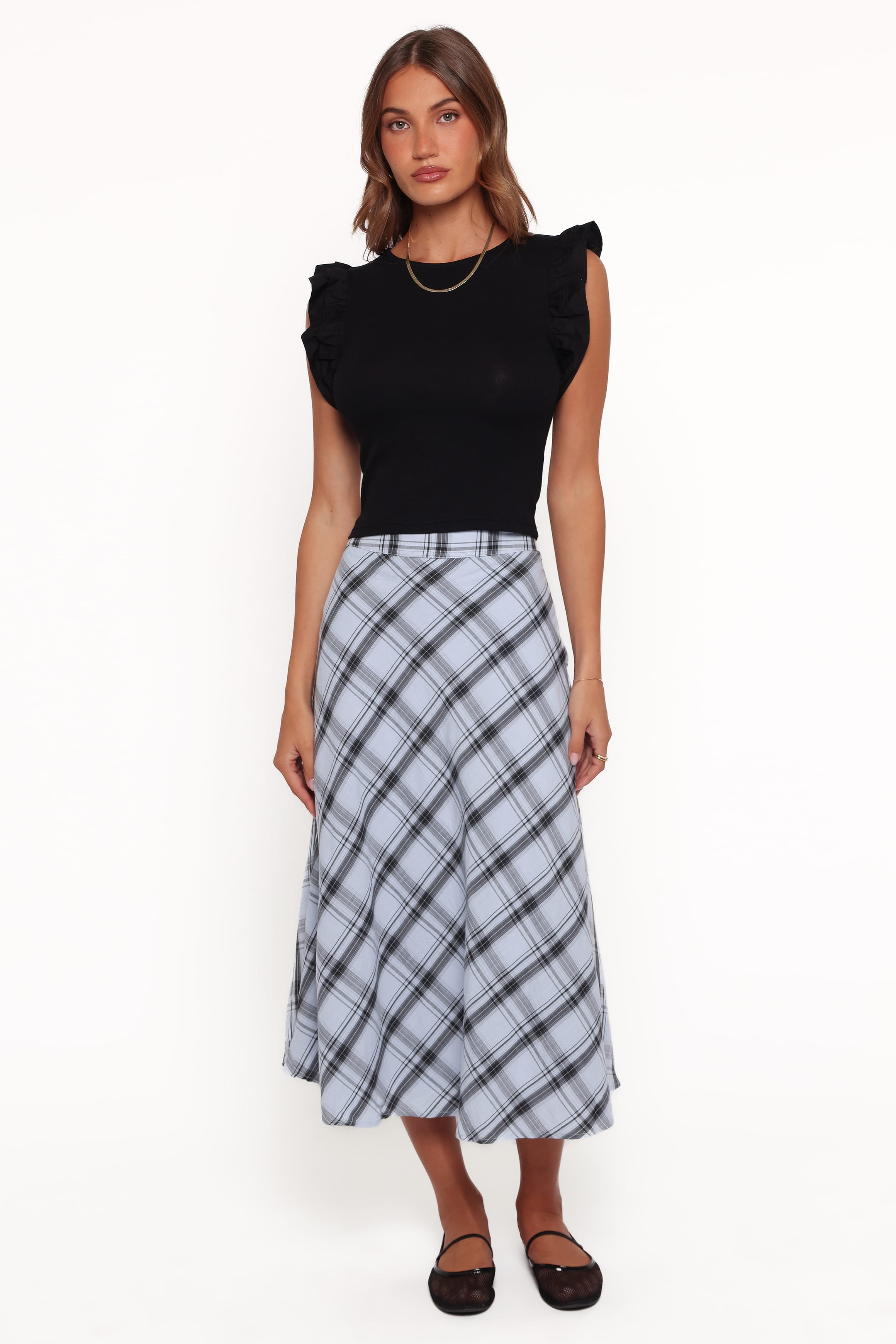 BOTTOMS Piper Midi Skirt - Icy Bue Plaid