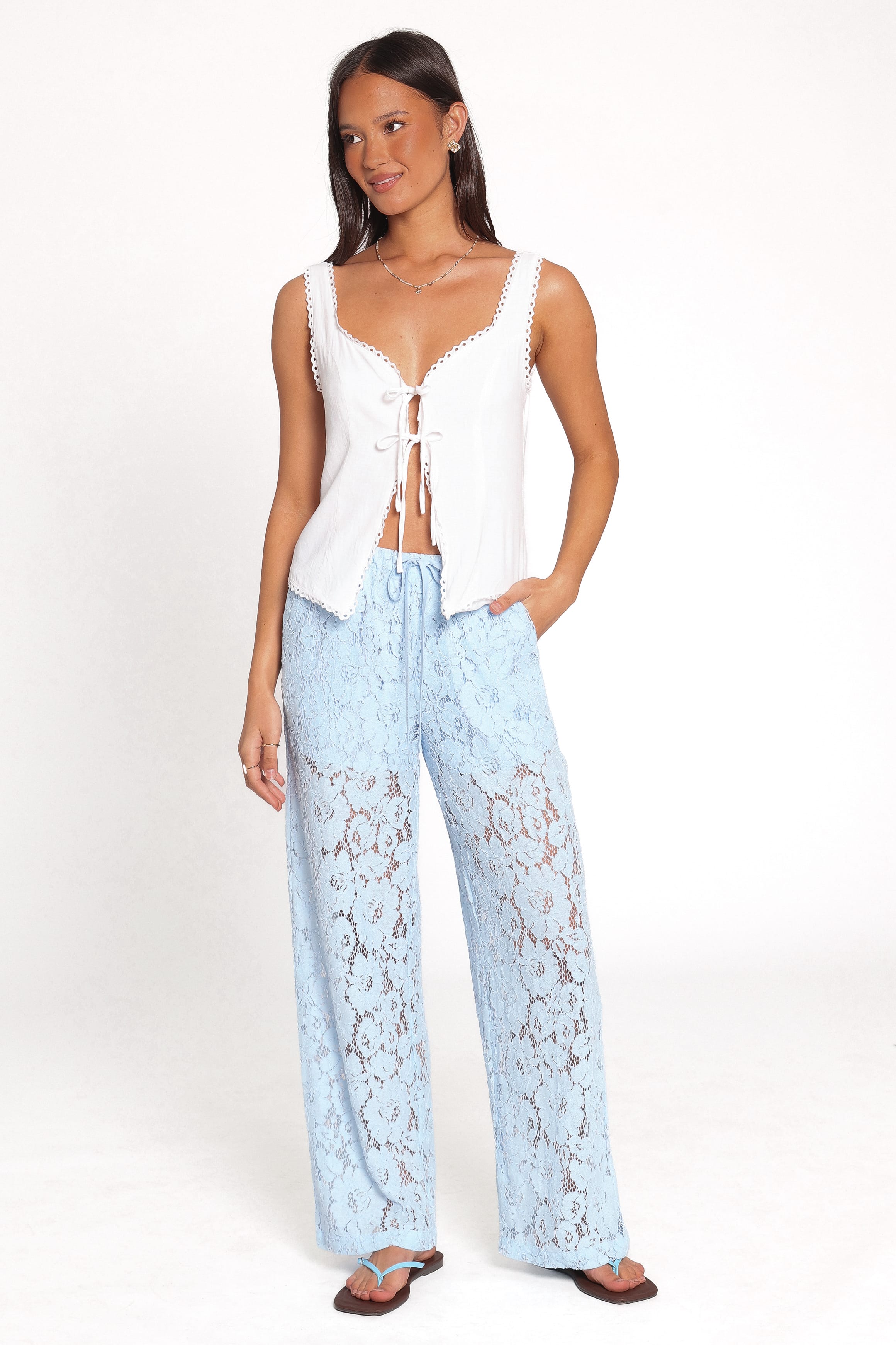 BOTTOMS Sabina Lace Wide Leg Pant - Baby Blue