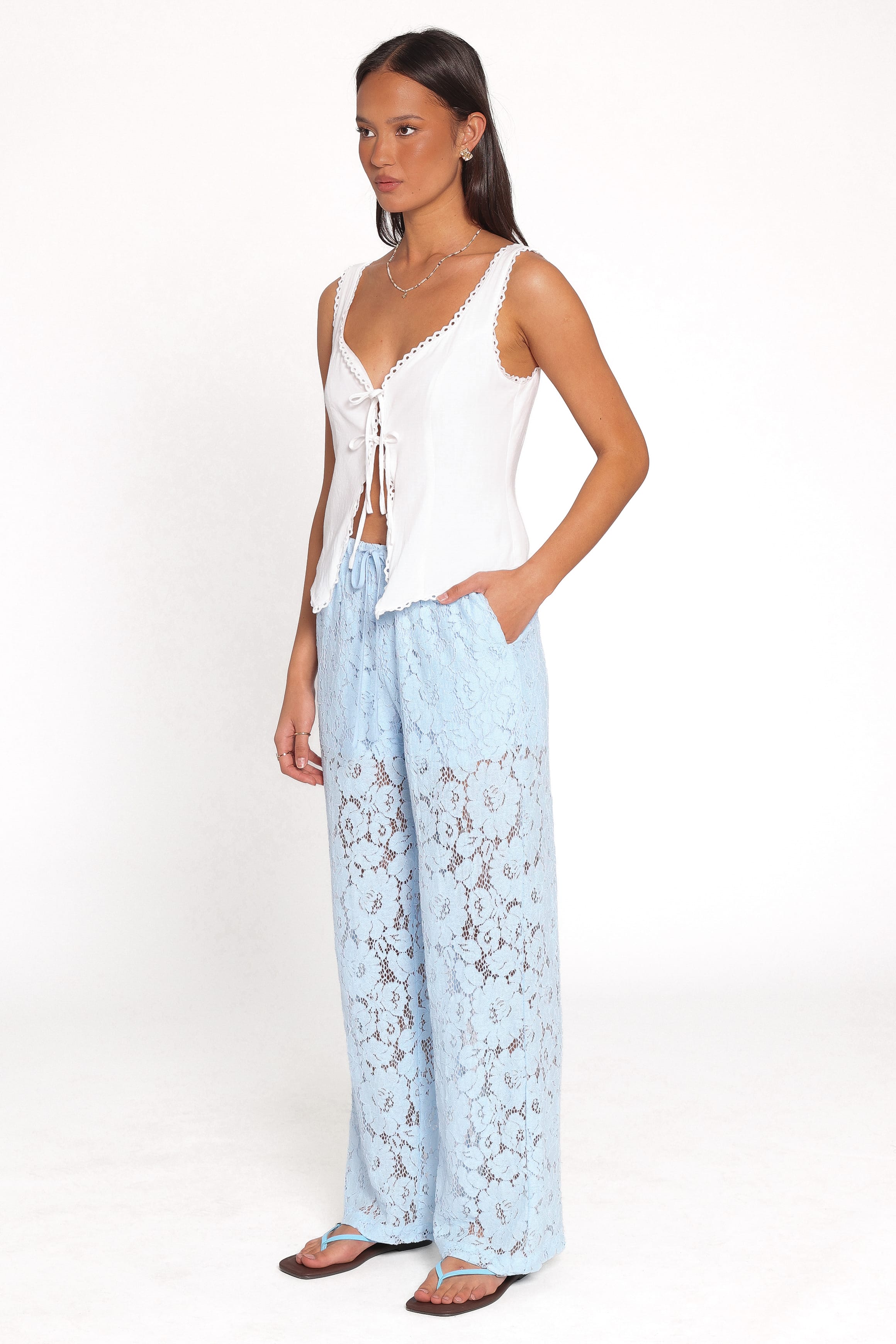 BOTTOMS Sabina Lace Wide Leg Pant - Baby Blue