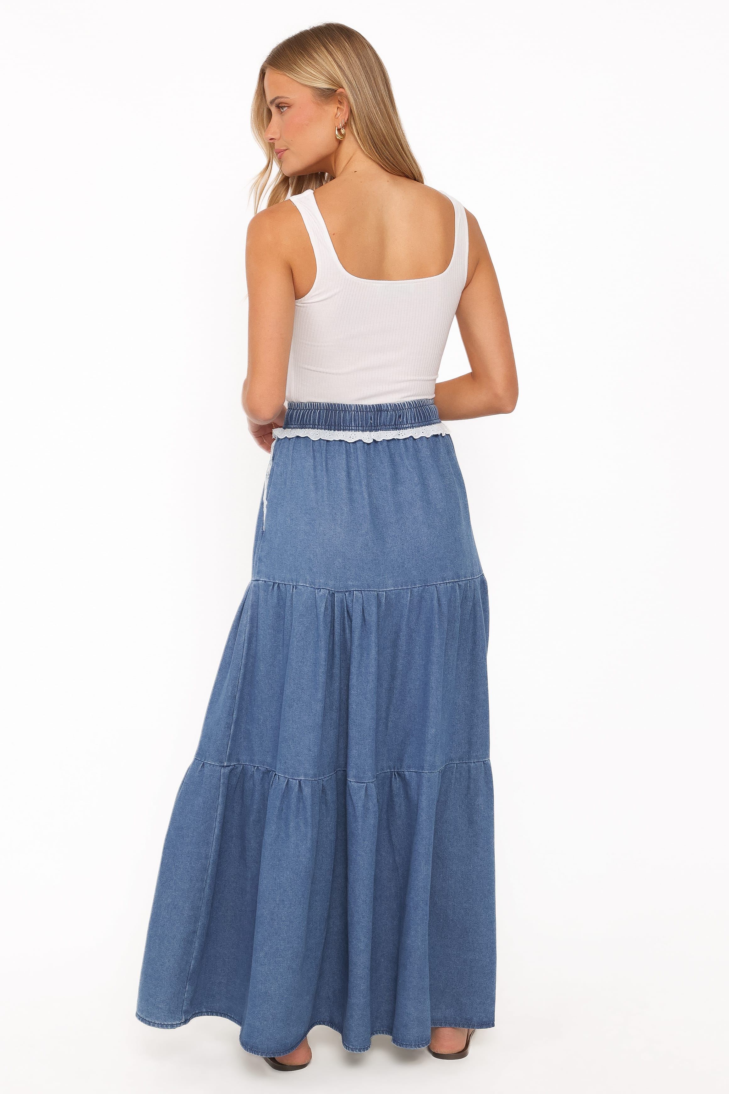 BOTTOMS Scout Tiered Denim Maxi Skirt - Medium Wash
