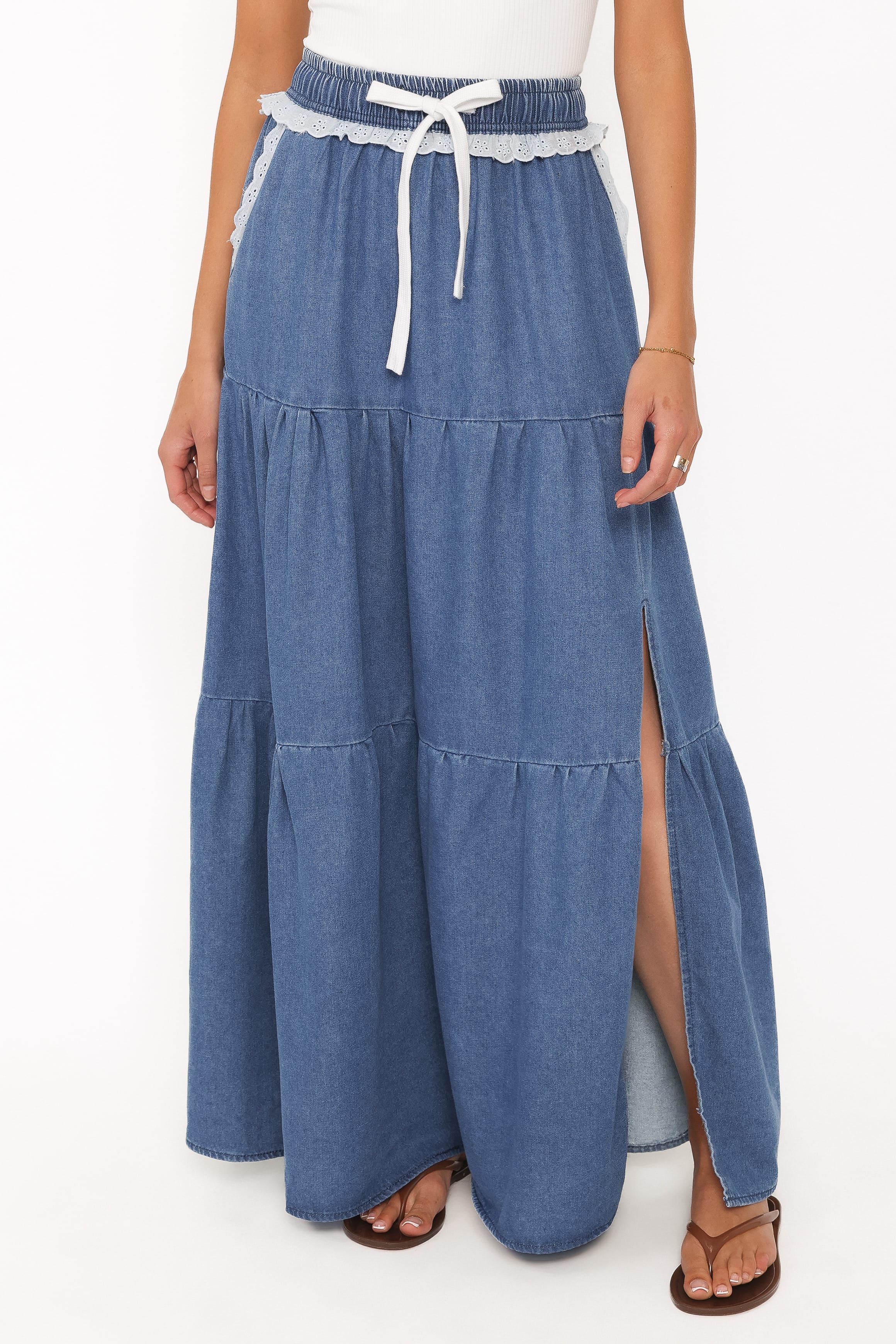 BOTTOMS Scout Tiered Denim Maxi Skirt - Medium Wash