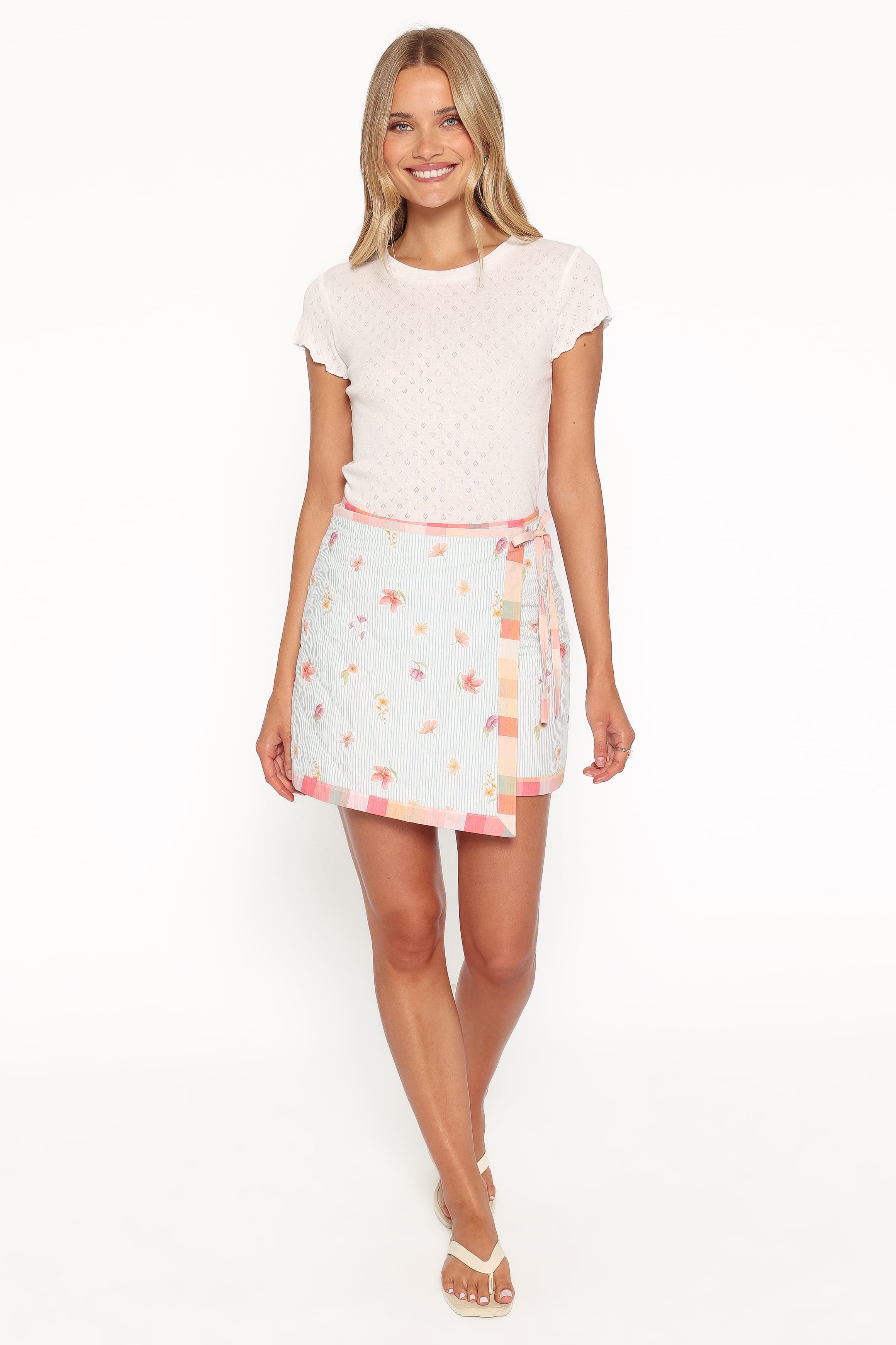 BOTTOMS Yana Faux Wrap Quilted Mini Skirt - Blue Garden Stripe