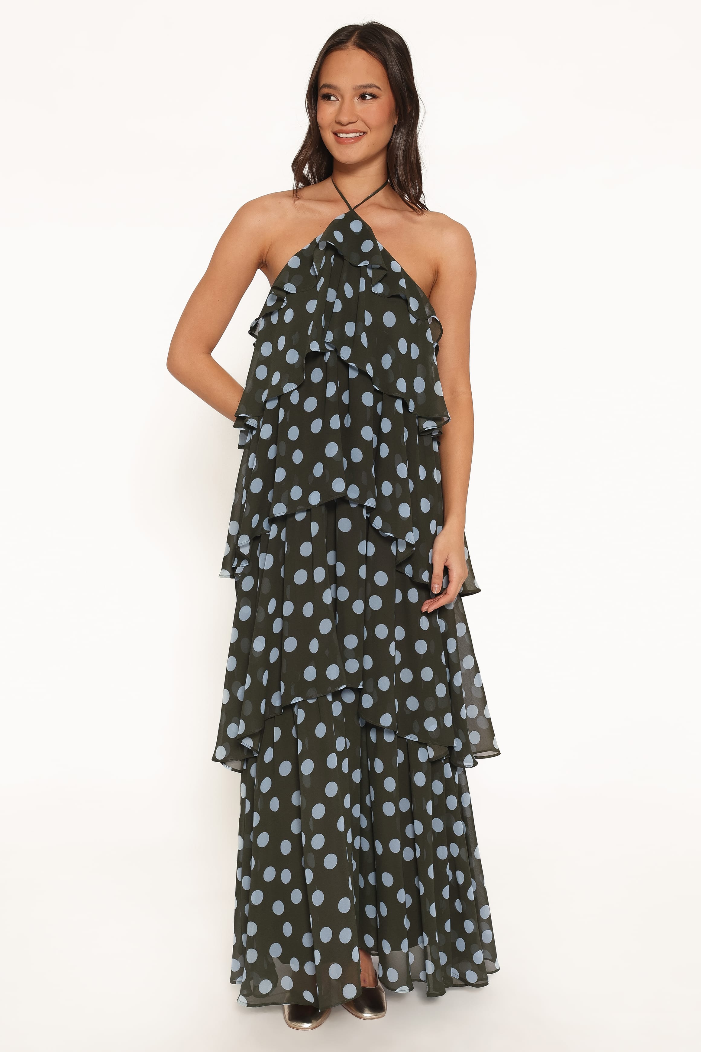 DRESSES Chasity Halterneck Maxi Dress - Olive Polka Dot