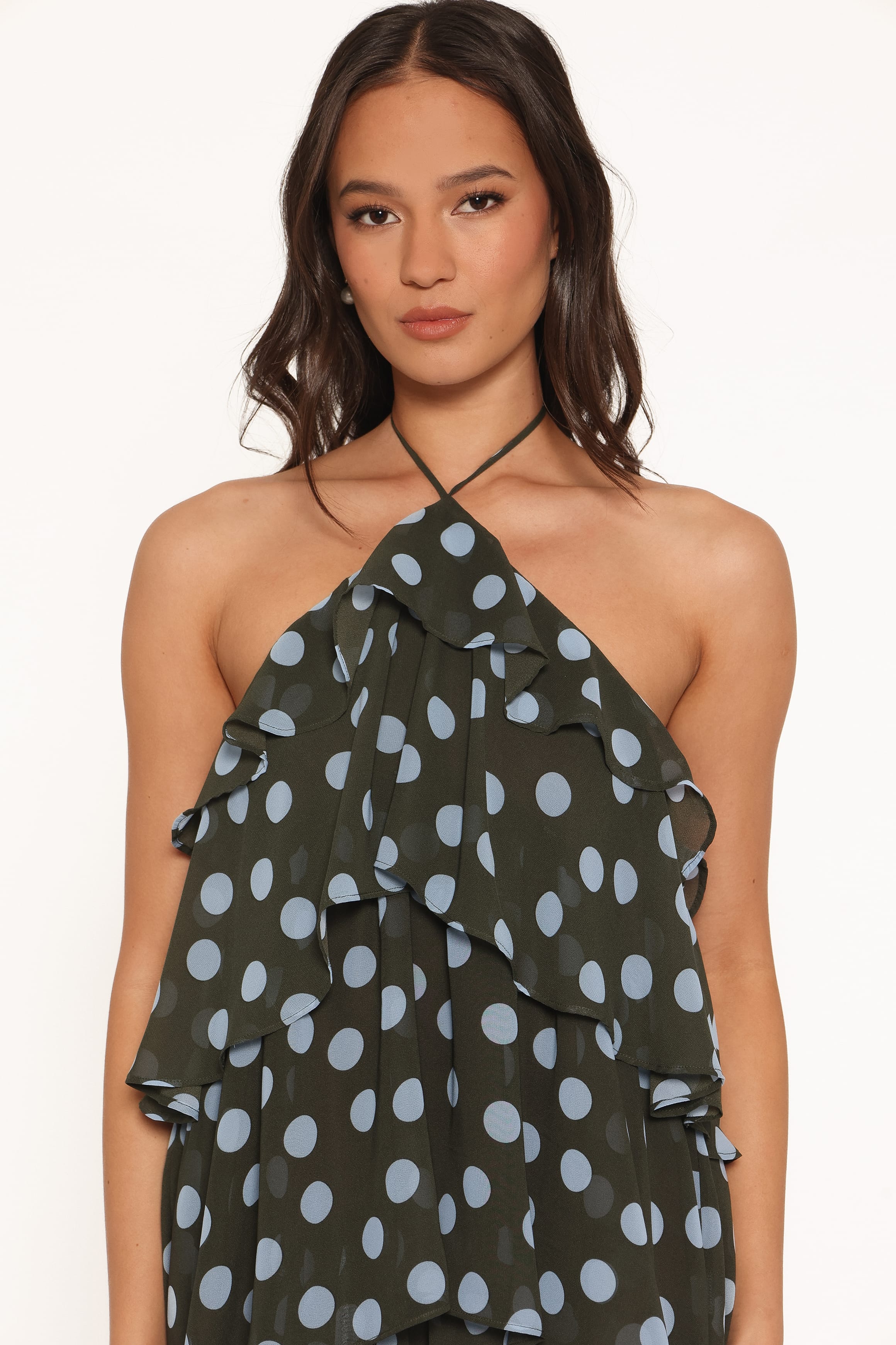 DRESSES Chasity Halterneck Maxi Dress - Olive Polka Dot