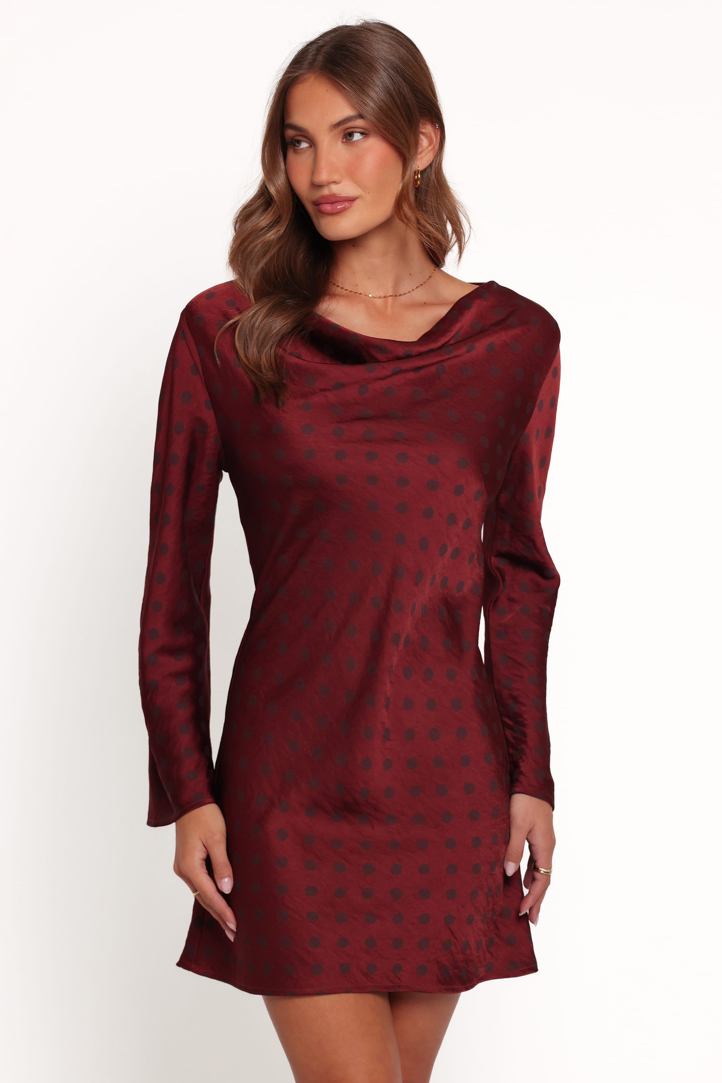 DRESSES Idalee Long Sleeve Mini Dress - Brown/Maroon Polka Dot