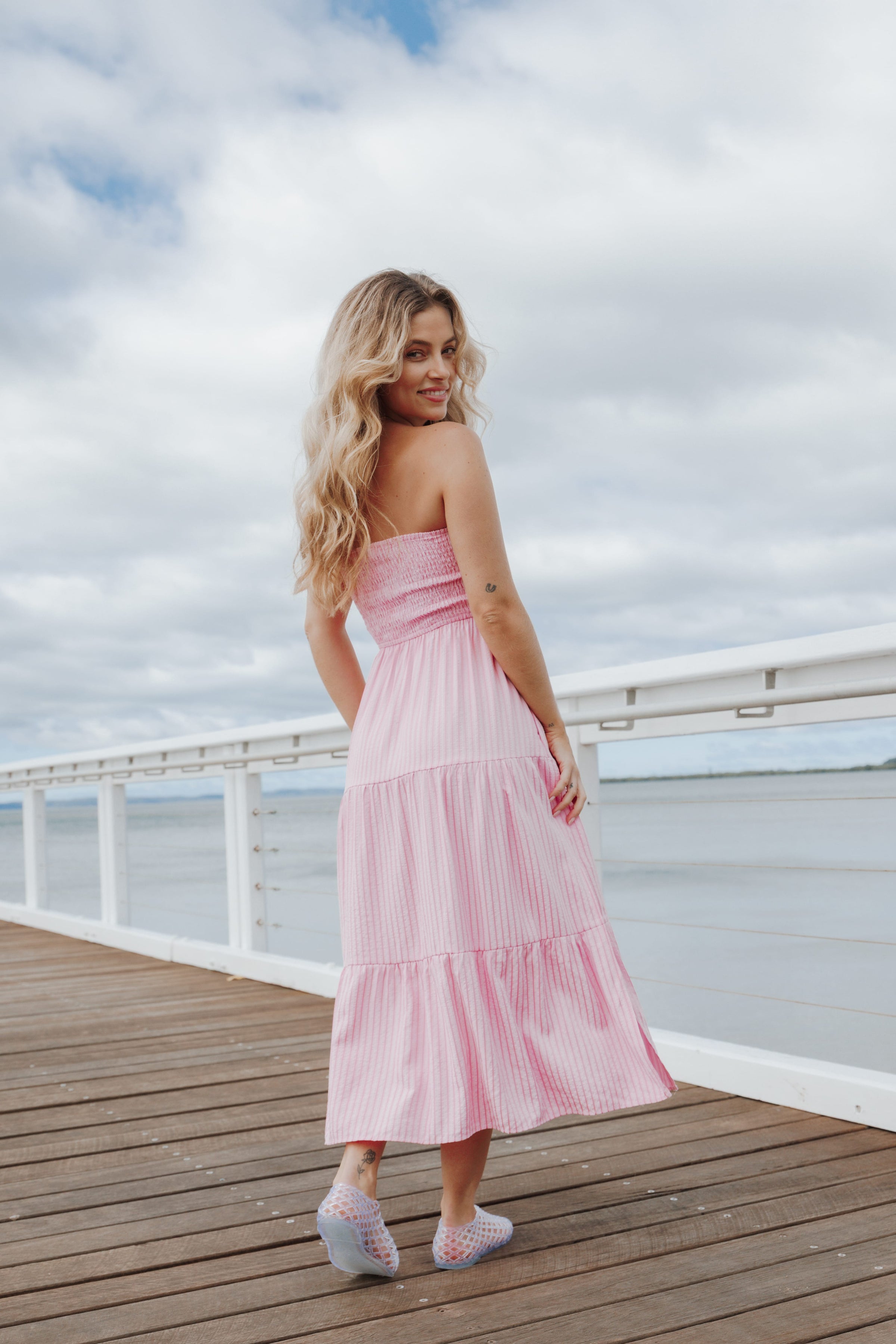 DRESSES Maisie Strapless Midi Dress - Pink Stripe