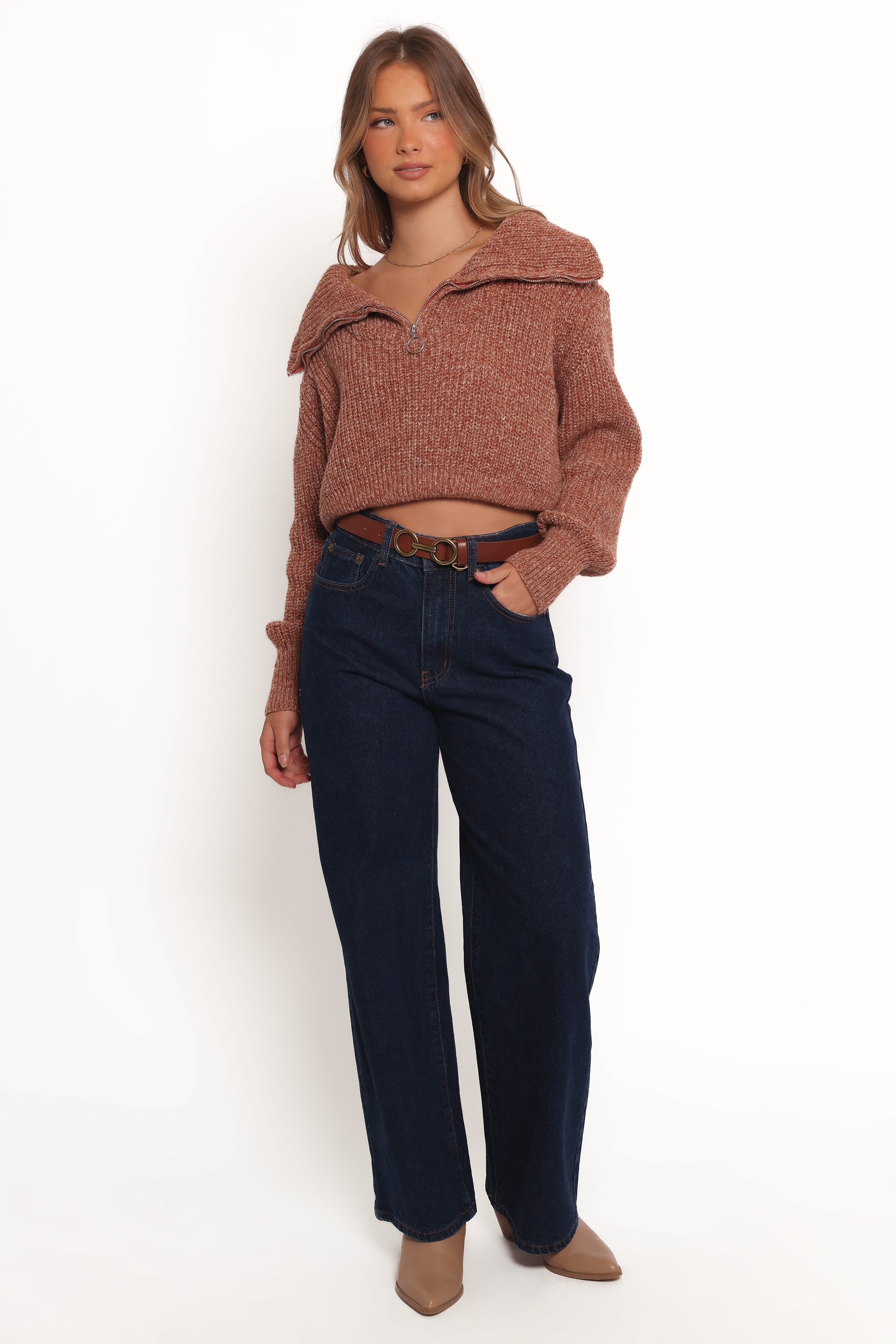 KNITWEAR Hallow Collar Quarter Zip Sweater - Brown