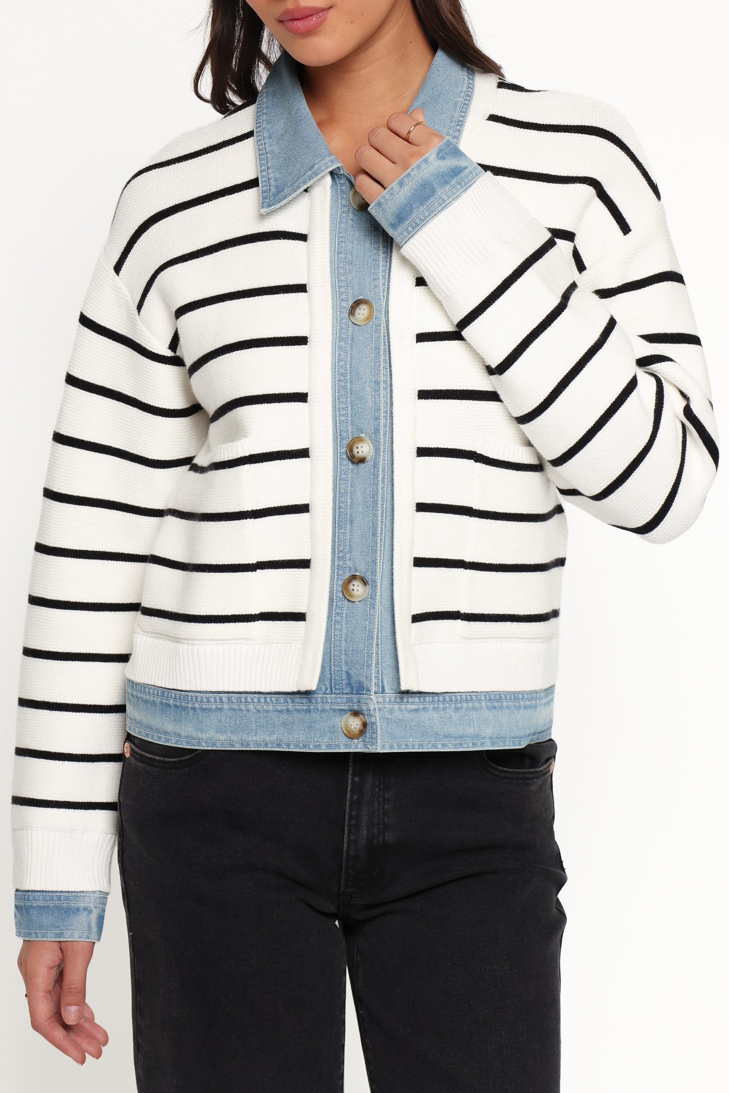KNITWEAR Uma Denim Collar Cardigan - Cream