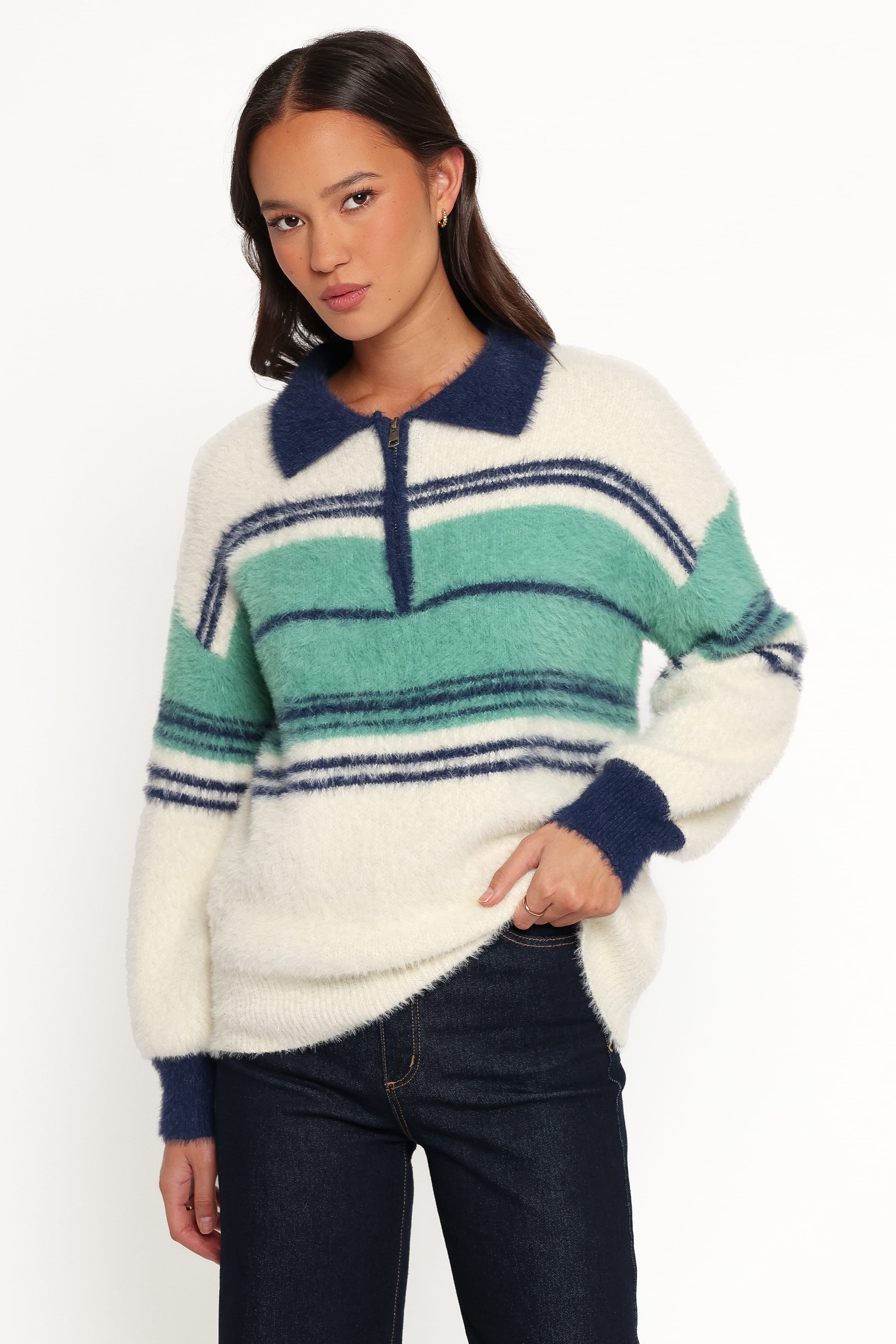KNITWEAR Vickie 1/4 Zip Sweater - Cream Green Stripe