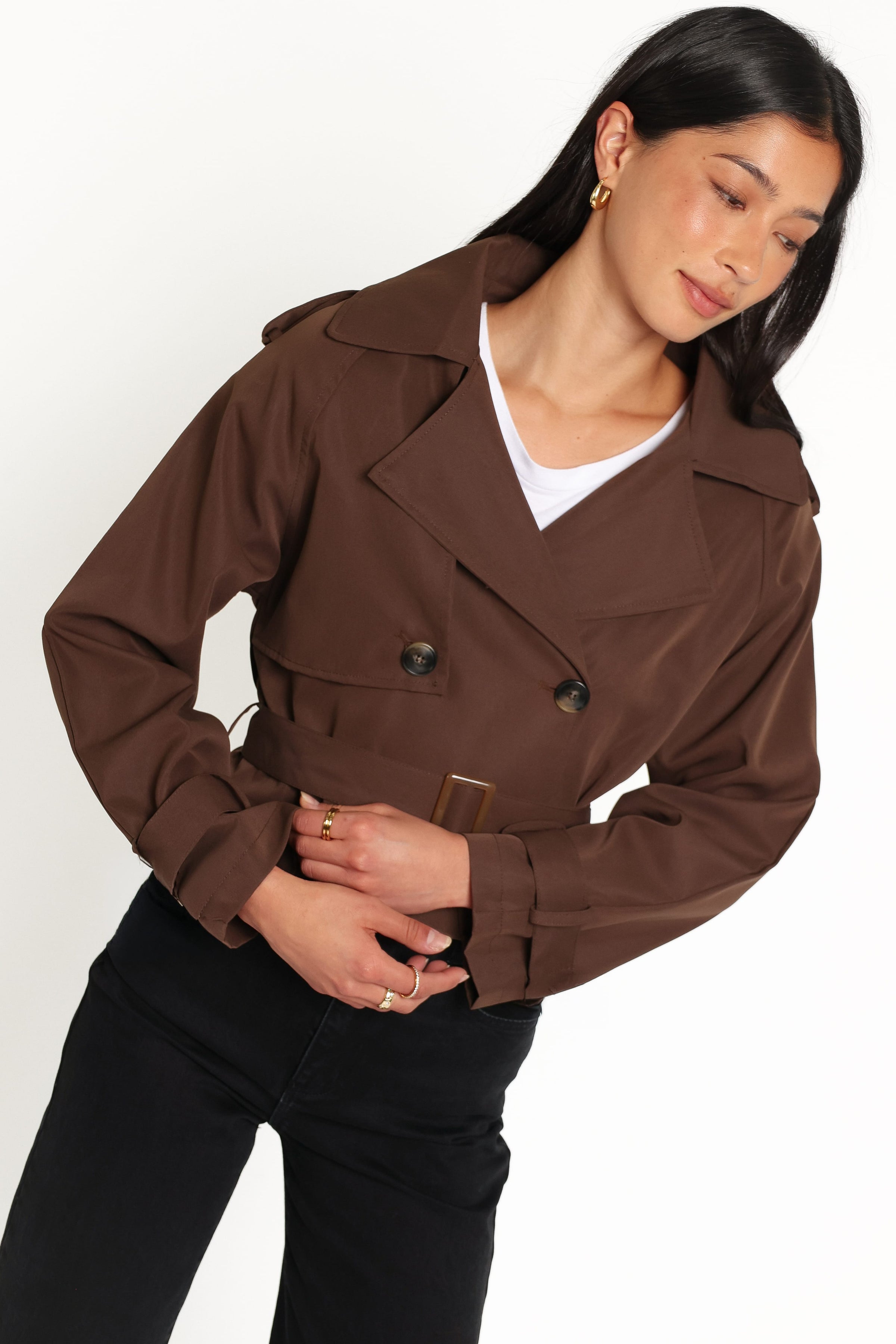 OUTERWEAR Charlie Cropped Trench Coat - Dark Brown