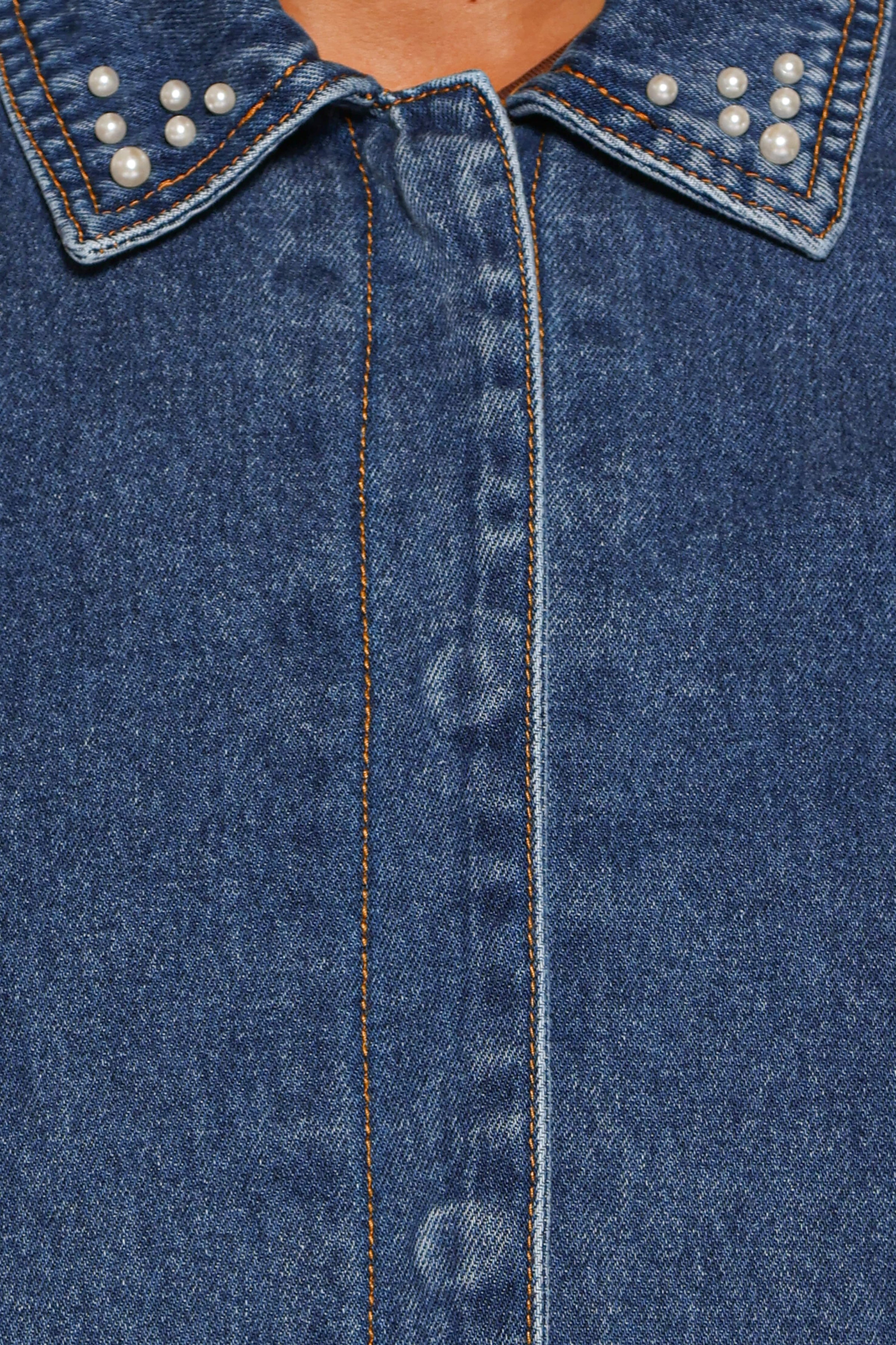 OUTERWEAR Mandie Pearl Trim Denim Shacket - Indigo