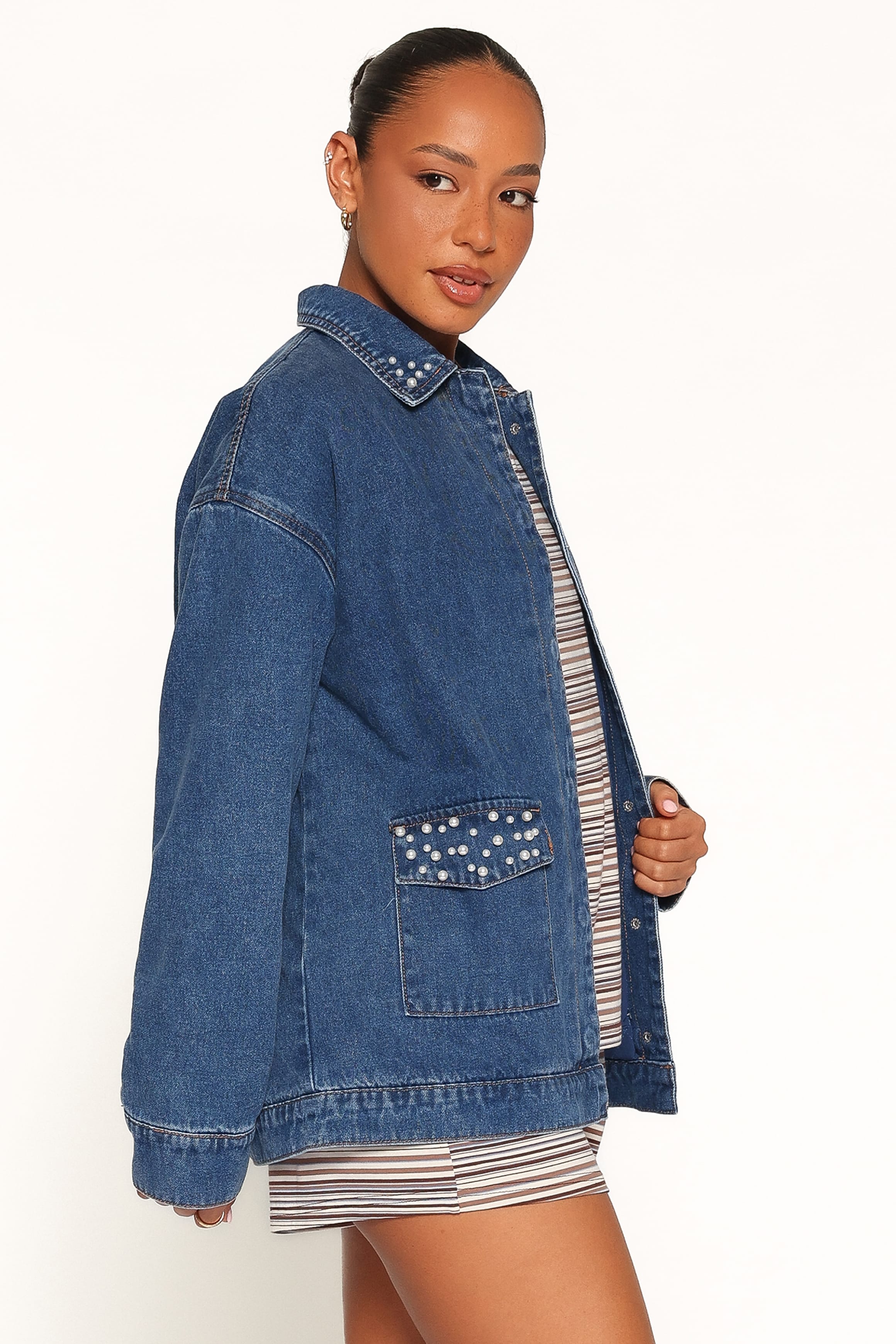OUTERWEAR Mandie Pearl Trim Denim Shacket - Indigo