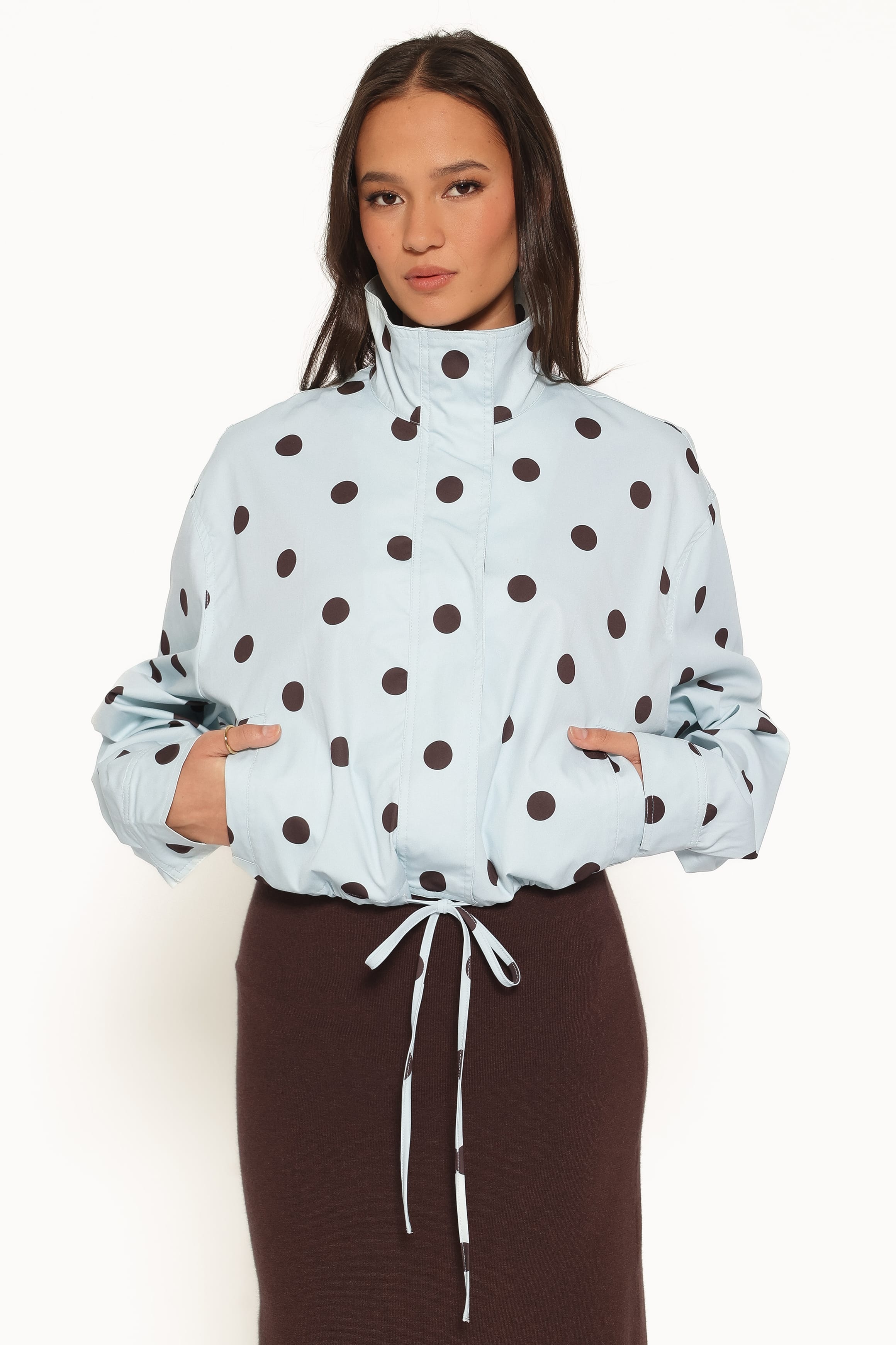 OUTERWEAR Zoella Funnel Neck Jacket - Blue Polka Dot