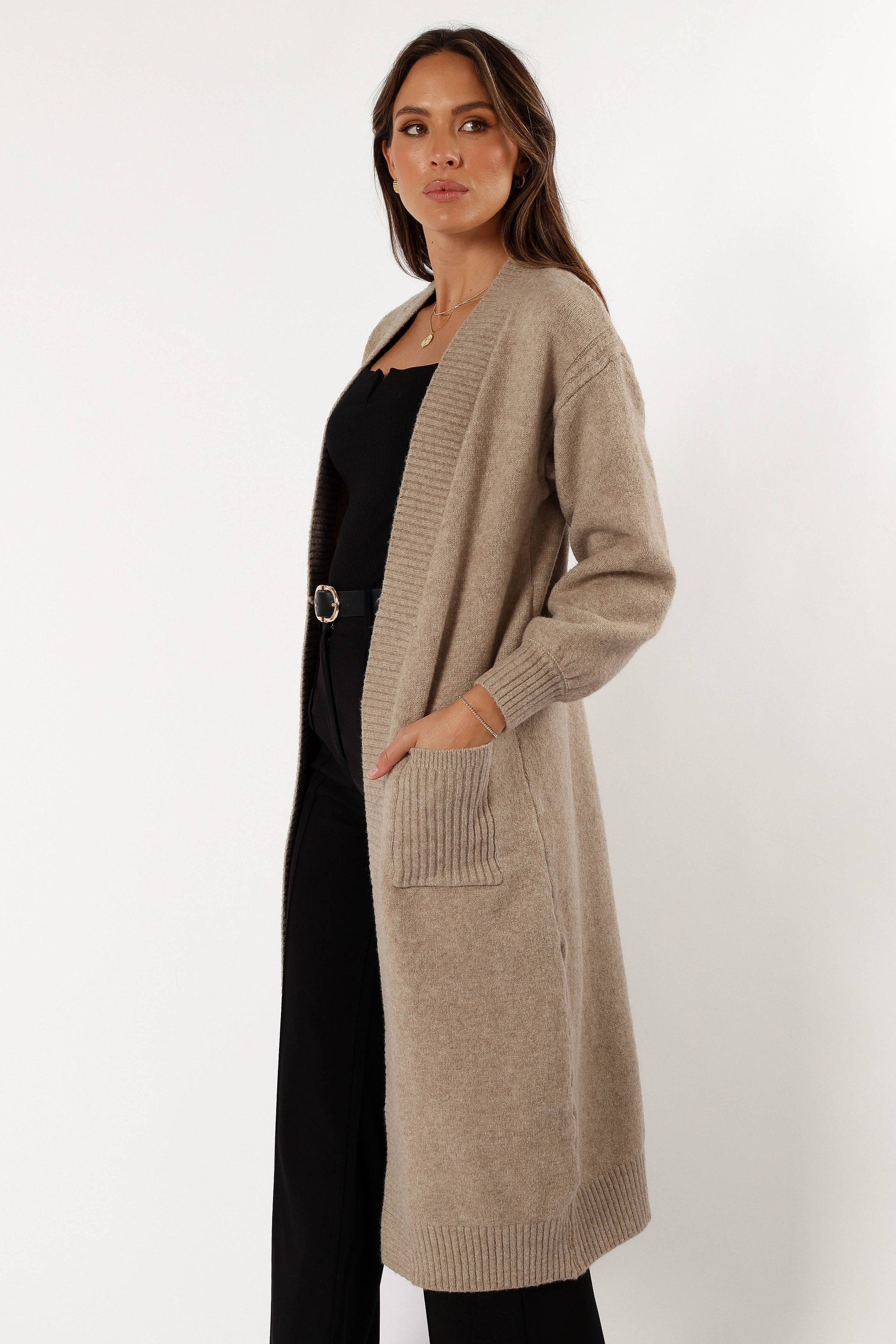 KNITWEAR @Nicolette Open Front Long Cardigan - Latte