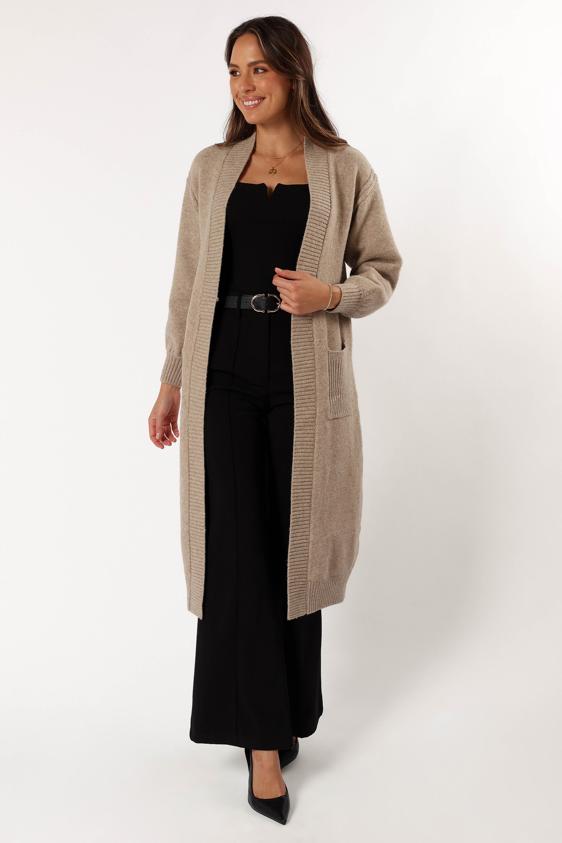 KNITWEAR @Nicolette Open Front Long Cardigan - Latte