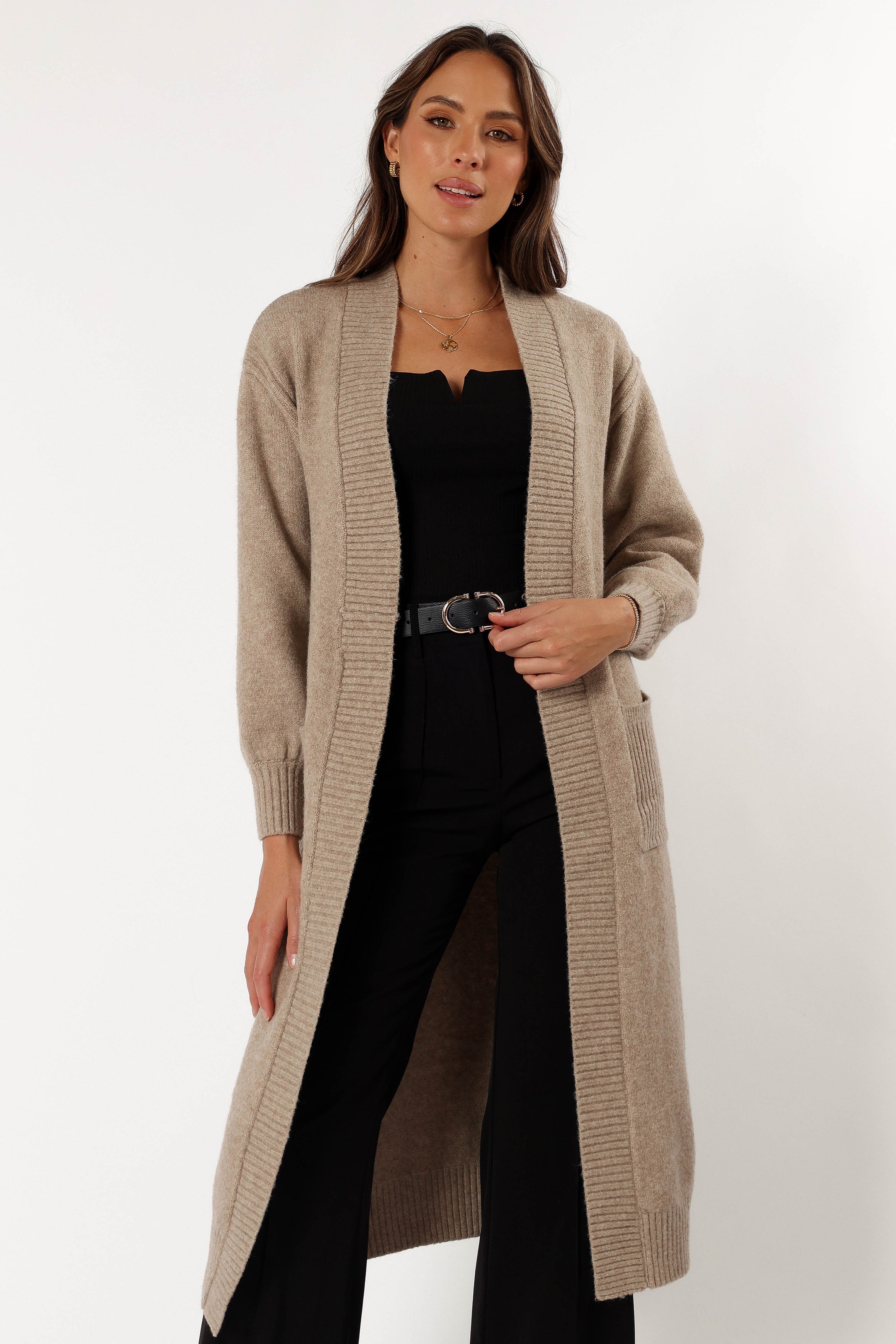 KNITWEAR @Nicolette Open Front Long Cardigan - Latte