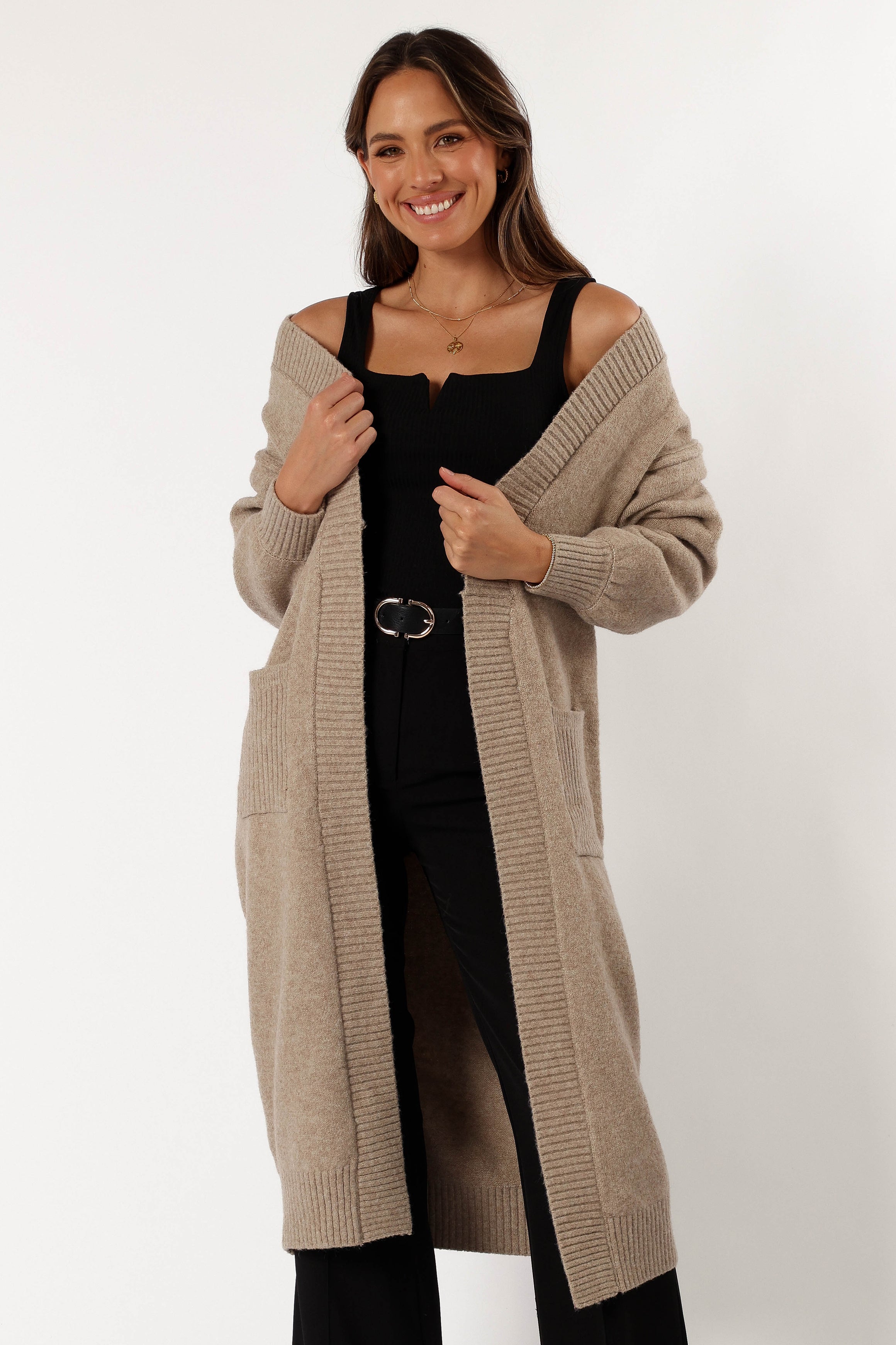 KNITWEAR @Nicolette Open Front Long Cardigan - Latte