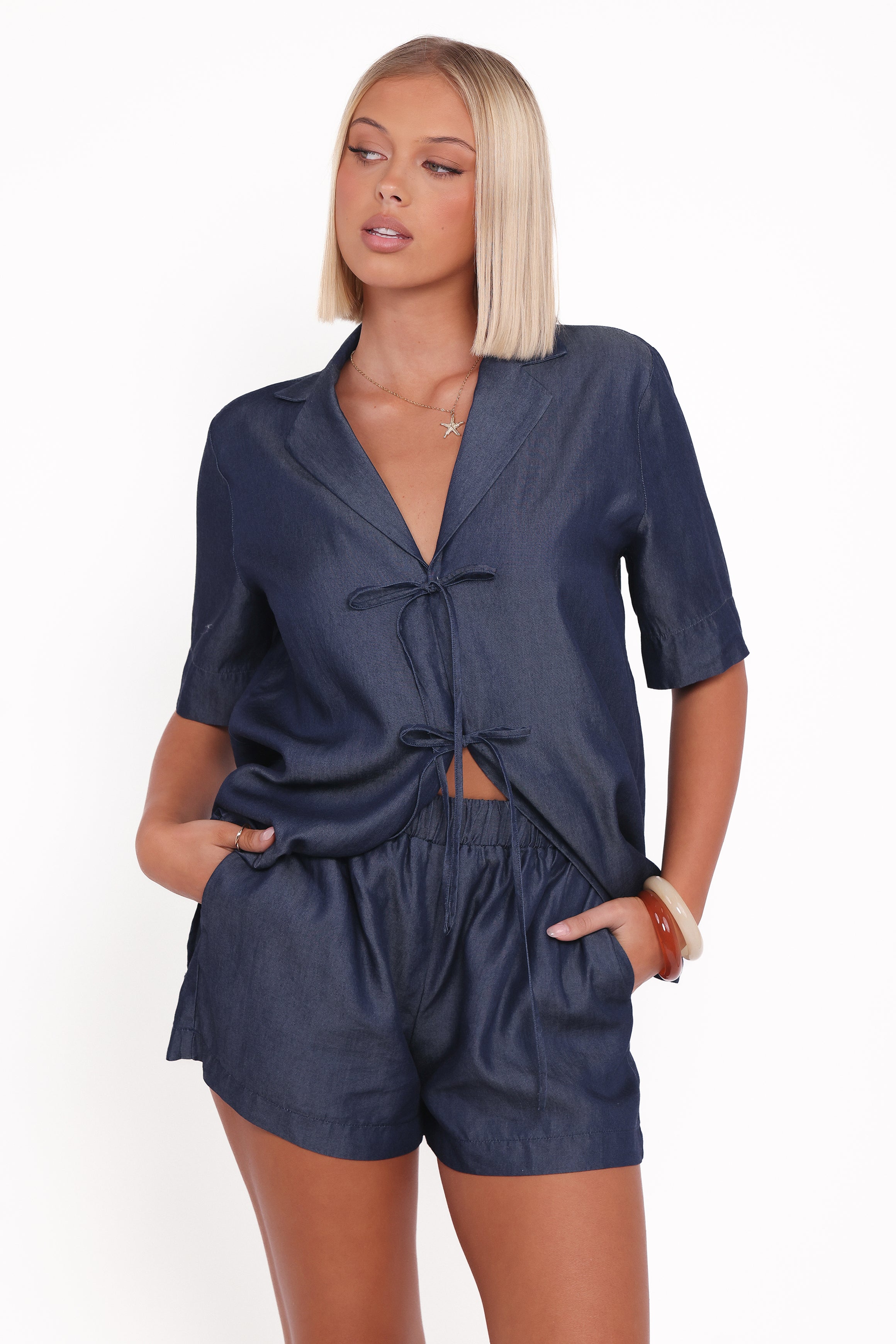 Petal and Pup USA BOTTOMS Aaliyah Chambray Shorts - Dark Wash