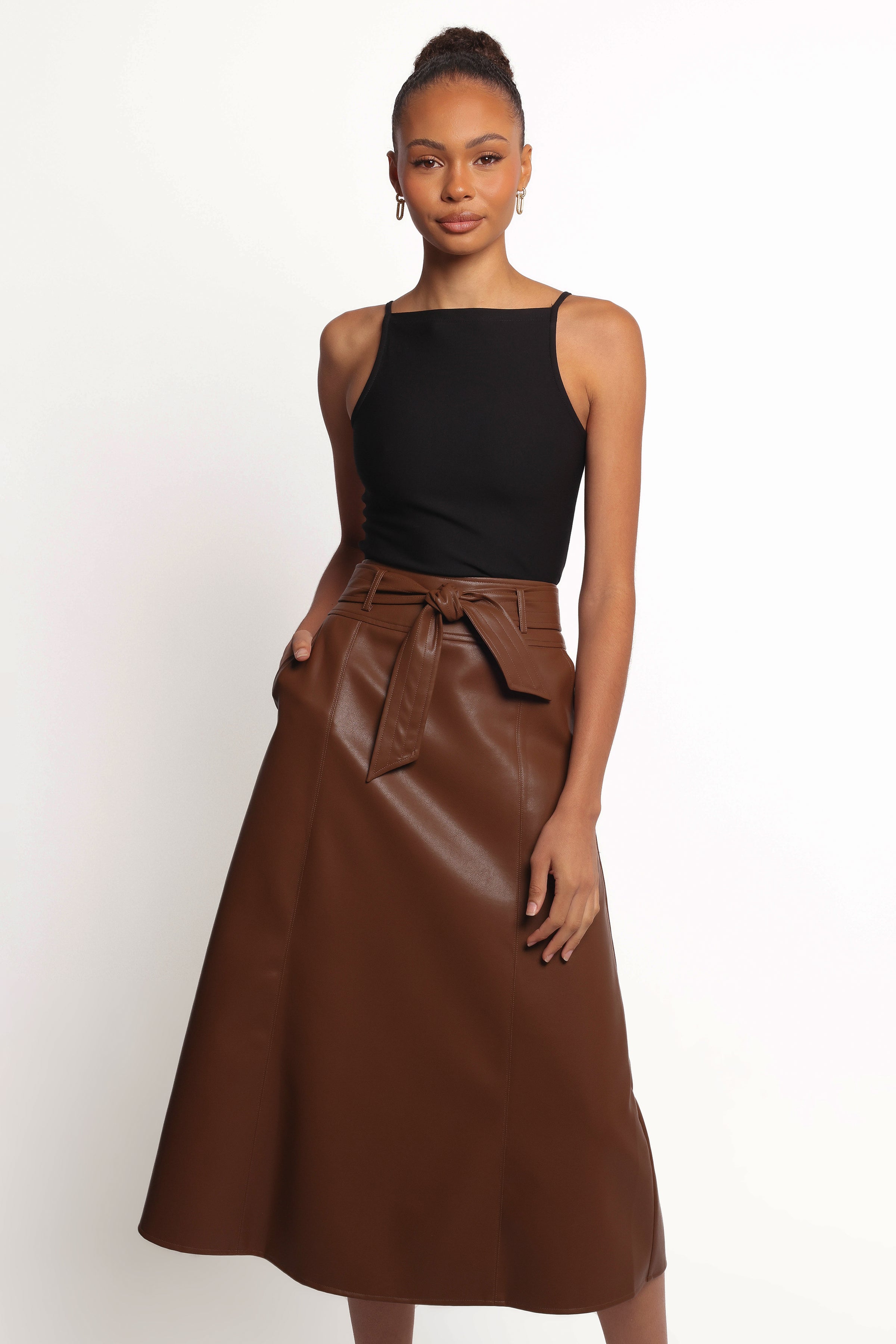 Petal and Pup USA BOTTOMS Adaline Faux Leather Midi Skirt - Brown