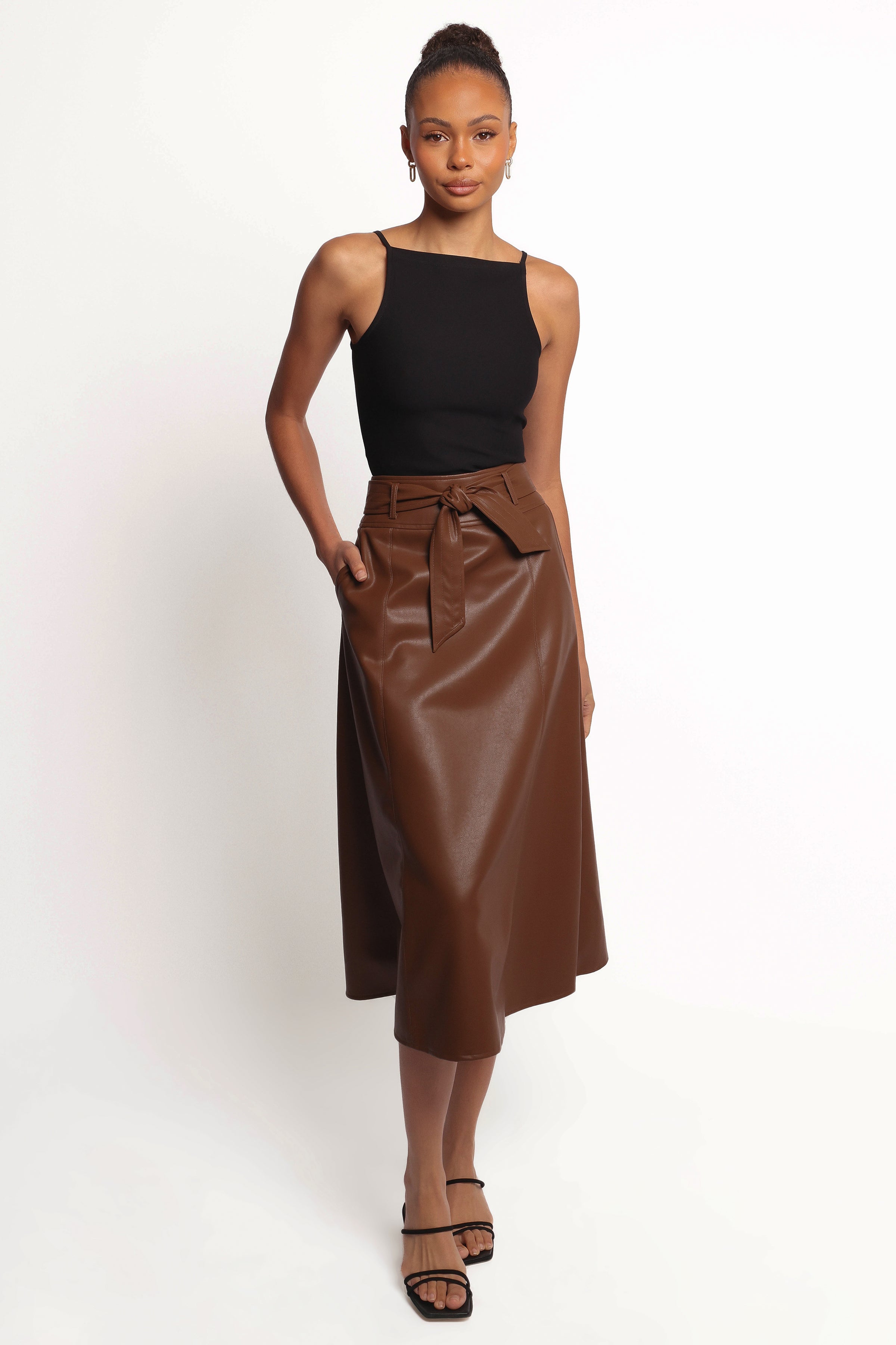 Petal and Pup USA BOTTOMS Adaline Faux Leather Midi Skirt - Brown