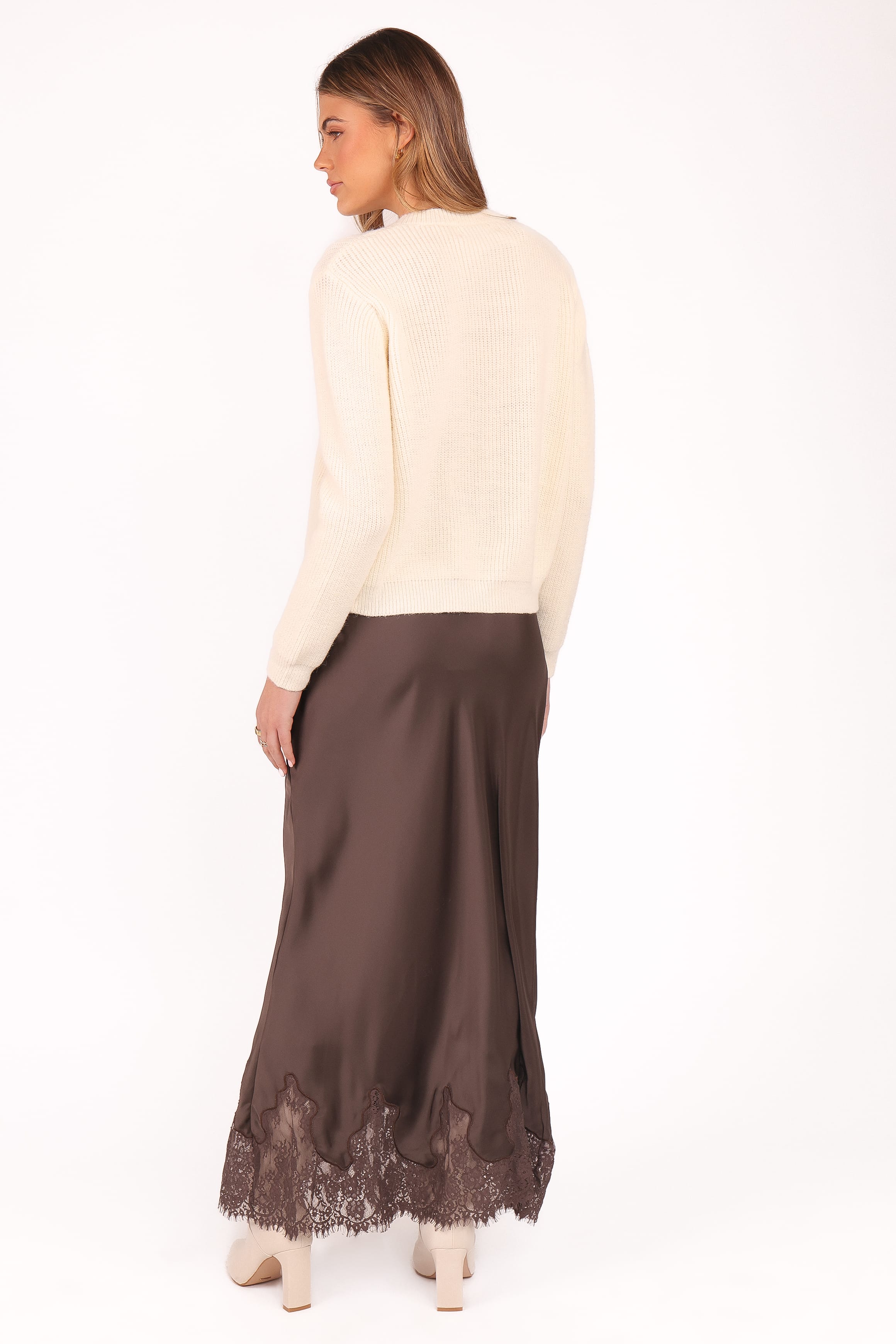 Petal and Pup USA BOTTOMS Alira Lace Trim Midi Skirt - Brown
